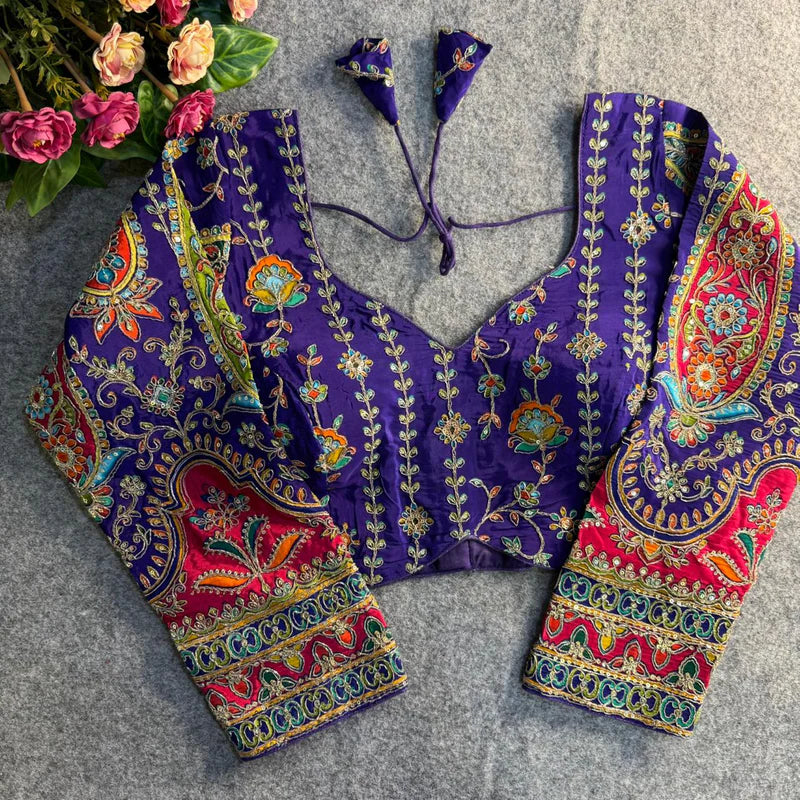 Royal Purple Elegant Heavy Position Work Long Sleeve Blouse Pure Crepe Embroidered & Sequined Partywear