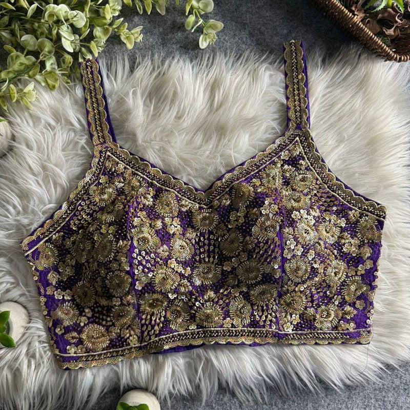 Royal Purple Luxe Heavy Beads Work Spaghetti Blouse Roman Silk Designer Partywear