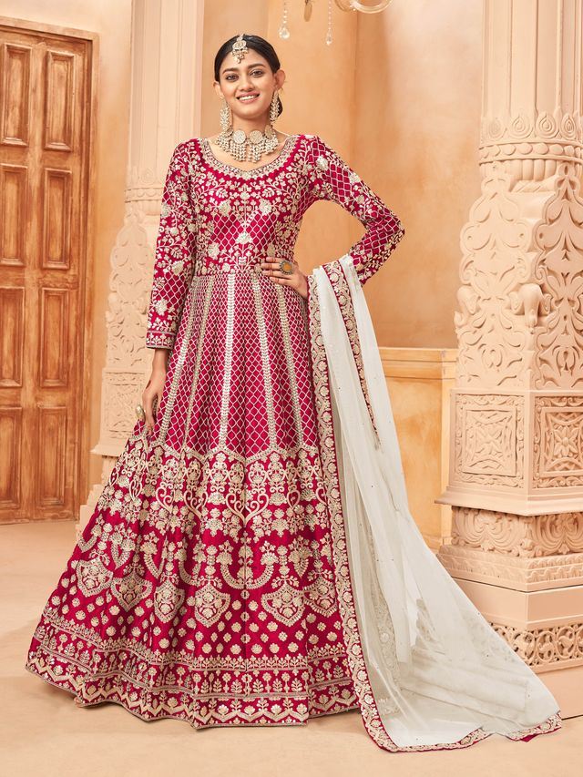 Ruby Art Silk Heavy Thread Embroidery with Zari Work Anarkali Suits