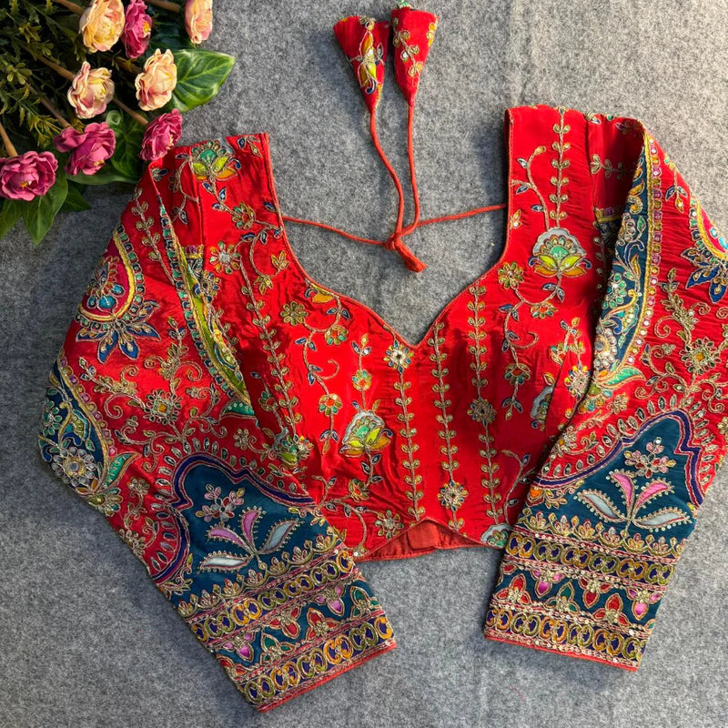 Ruby Red Elegant Heavy Position Work Long Sleeve Blouse Pure Crepe Embroidered & Sequined Partywear