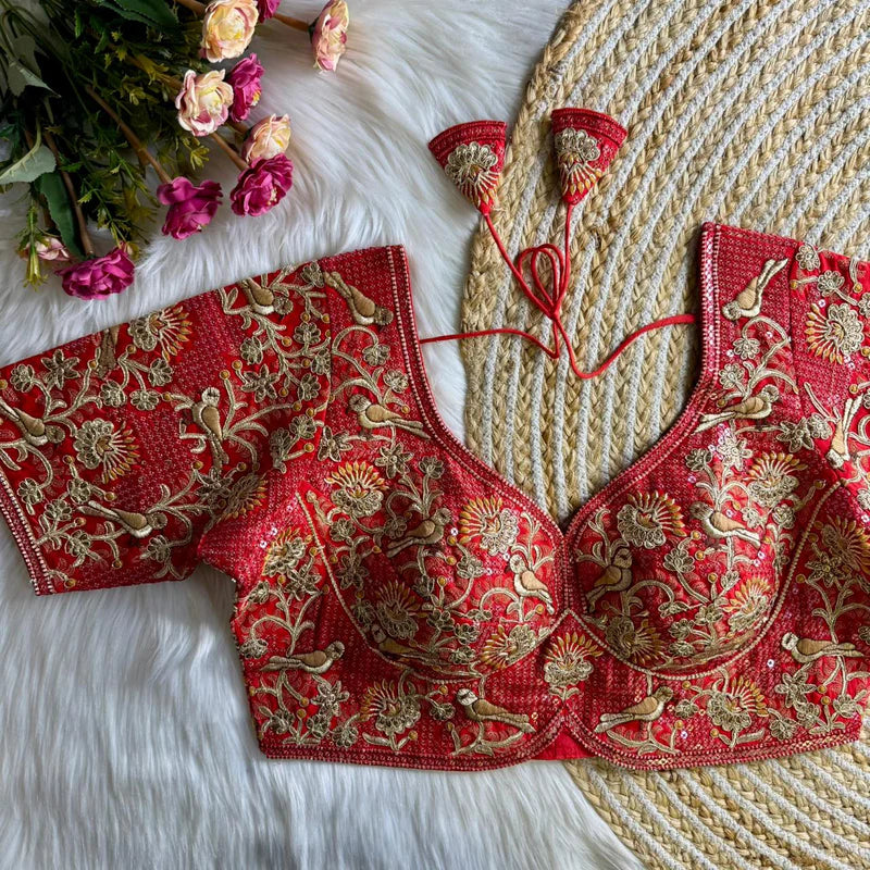 Ruby Red Luxury Bird Motif Bridal Blouse Roman Silk Designer Wedding Wear