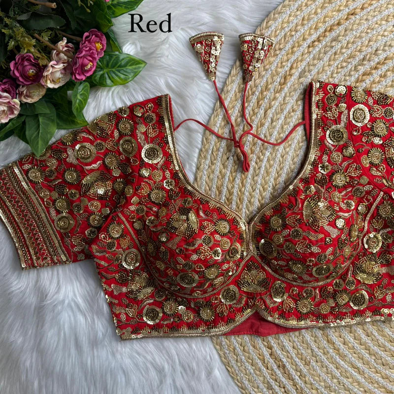 Ruby Red Luxury Heavy Beads Bridal Blouse Roman Silk Designer Wedding Wear