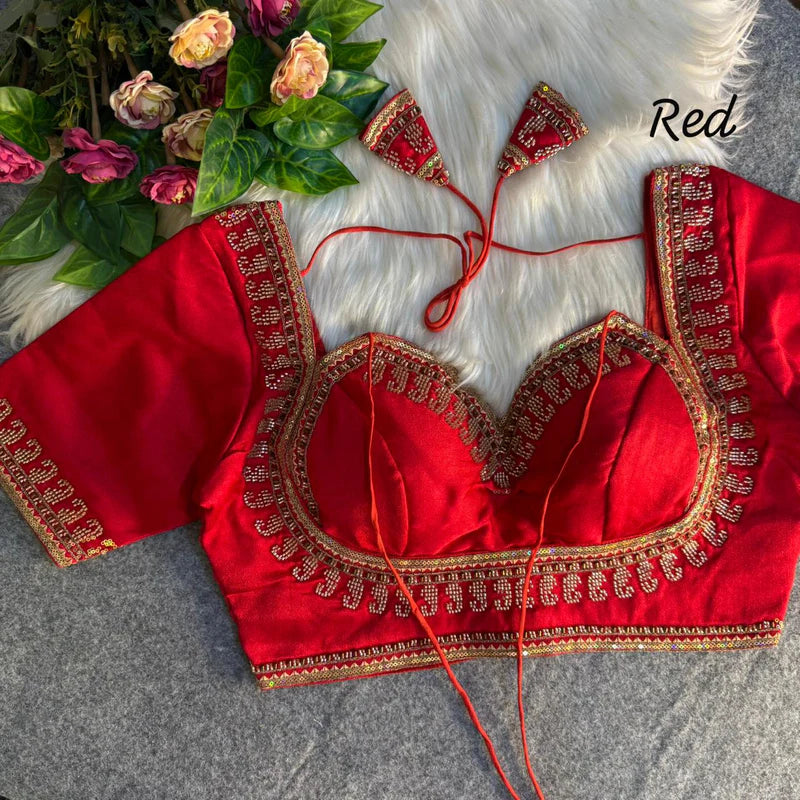 Ruby Red Royal Beads Work Bridal Blouse Italian Silk Designer Couture Wear