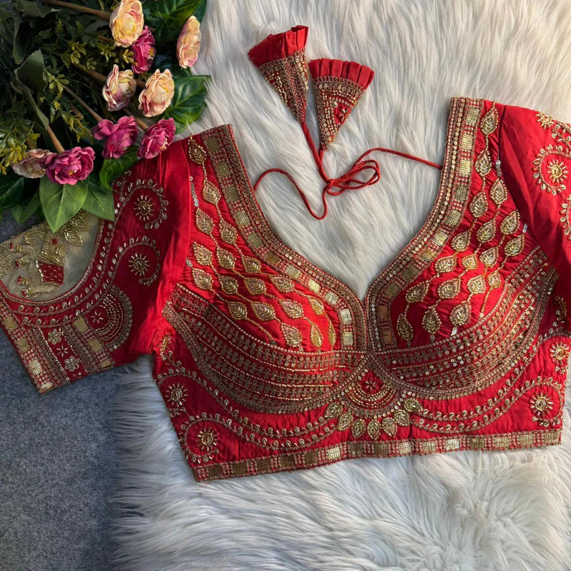 Ruby Red Royal Elephant Patch Work Bridal Blouse Roman Silk Heavy Beads & Sequins Designer Wear