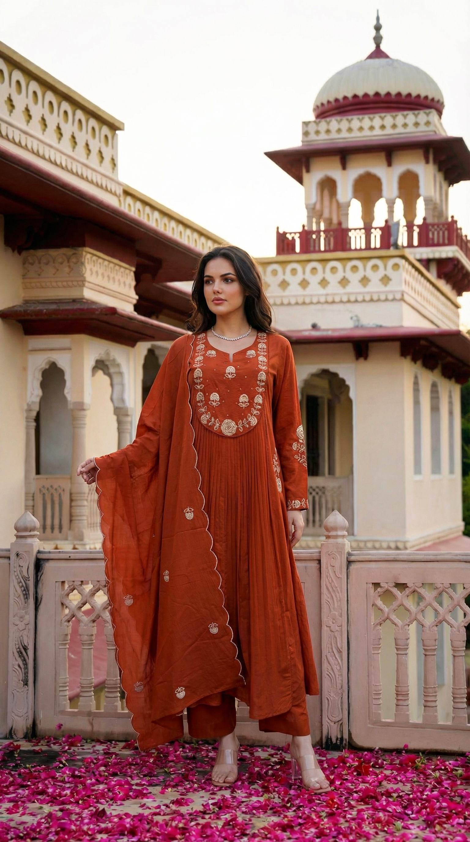 Rust Chanderi Silk Kurta Pant Set With Heavy Thread Embroidery Work