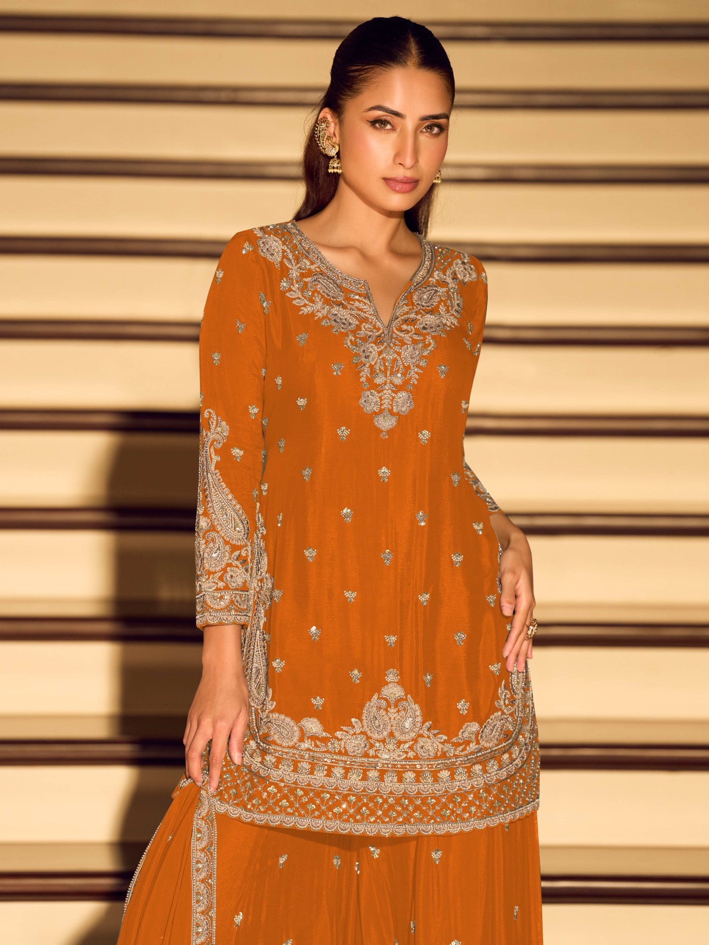 Rust Chinon Designer Suit Set With Elegant Embroidery