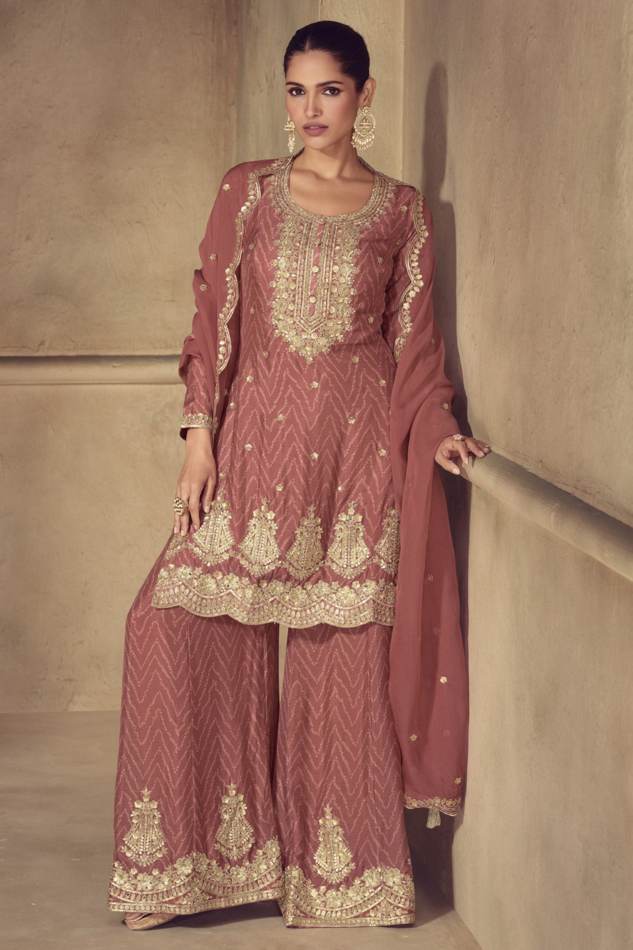 Rust Chinon Silk Salwar Suit With Digital Print Embroidery