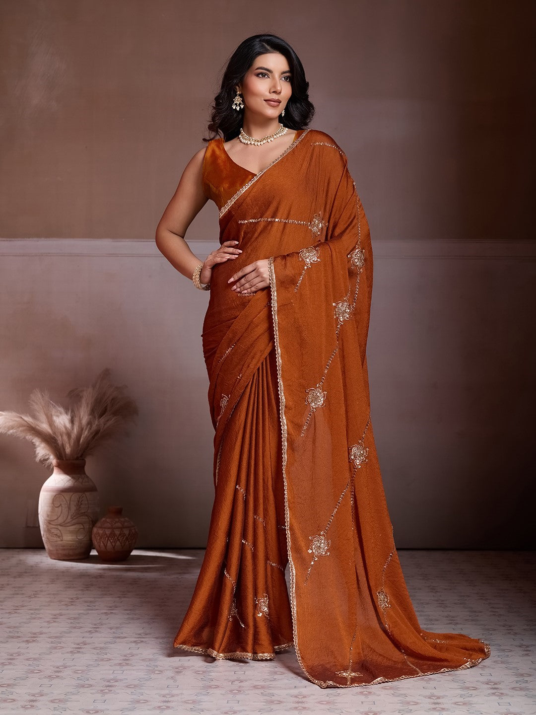 Rust Crush Silk Saree With Embroidery Premium Traditional Saree