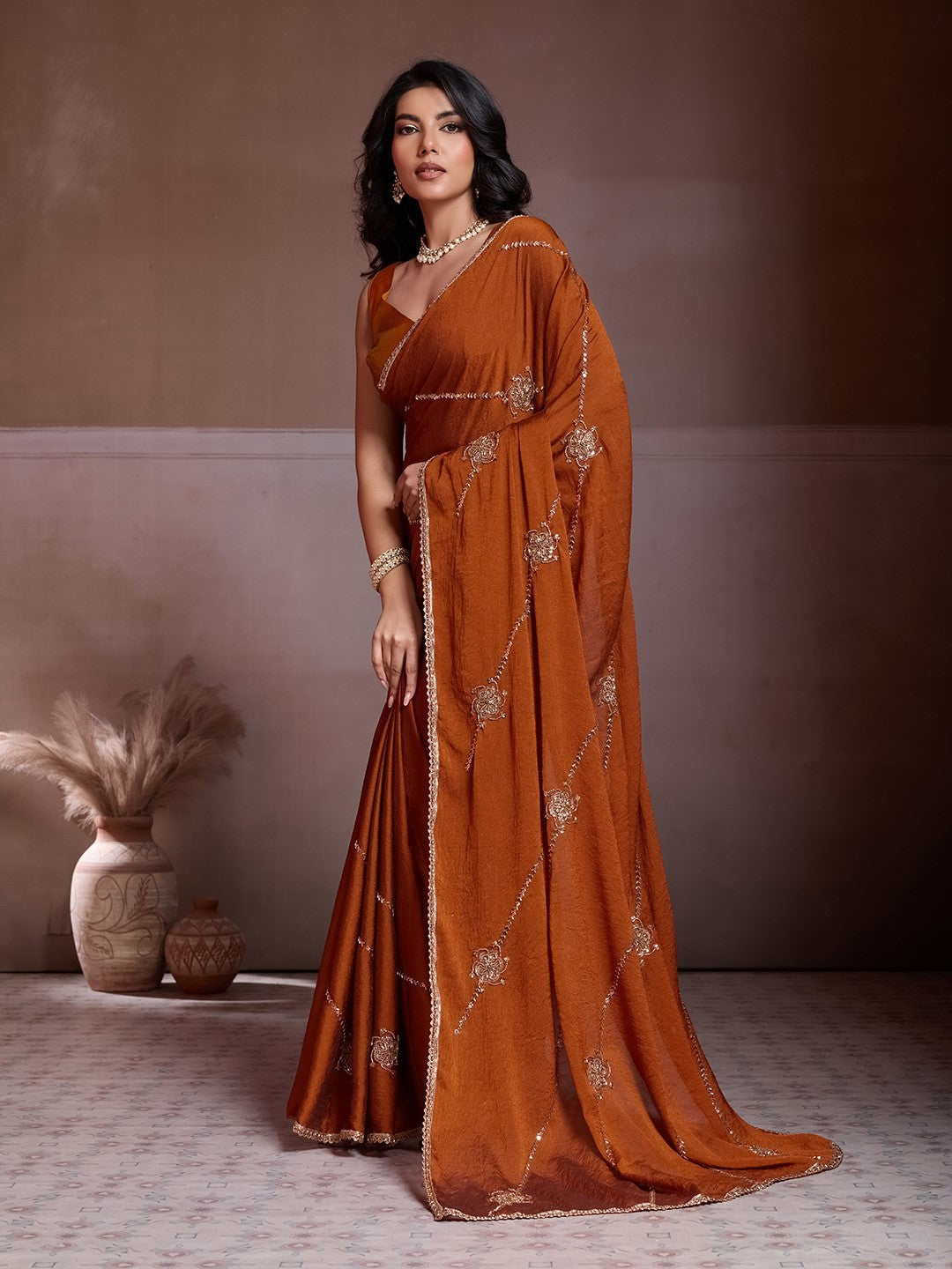 Rust Crush Silk Saree With Embroidery Premium Traditional Saree