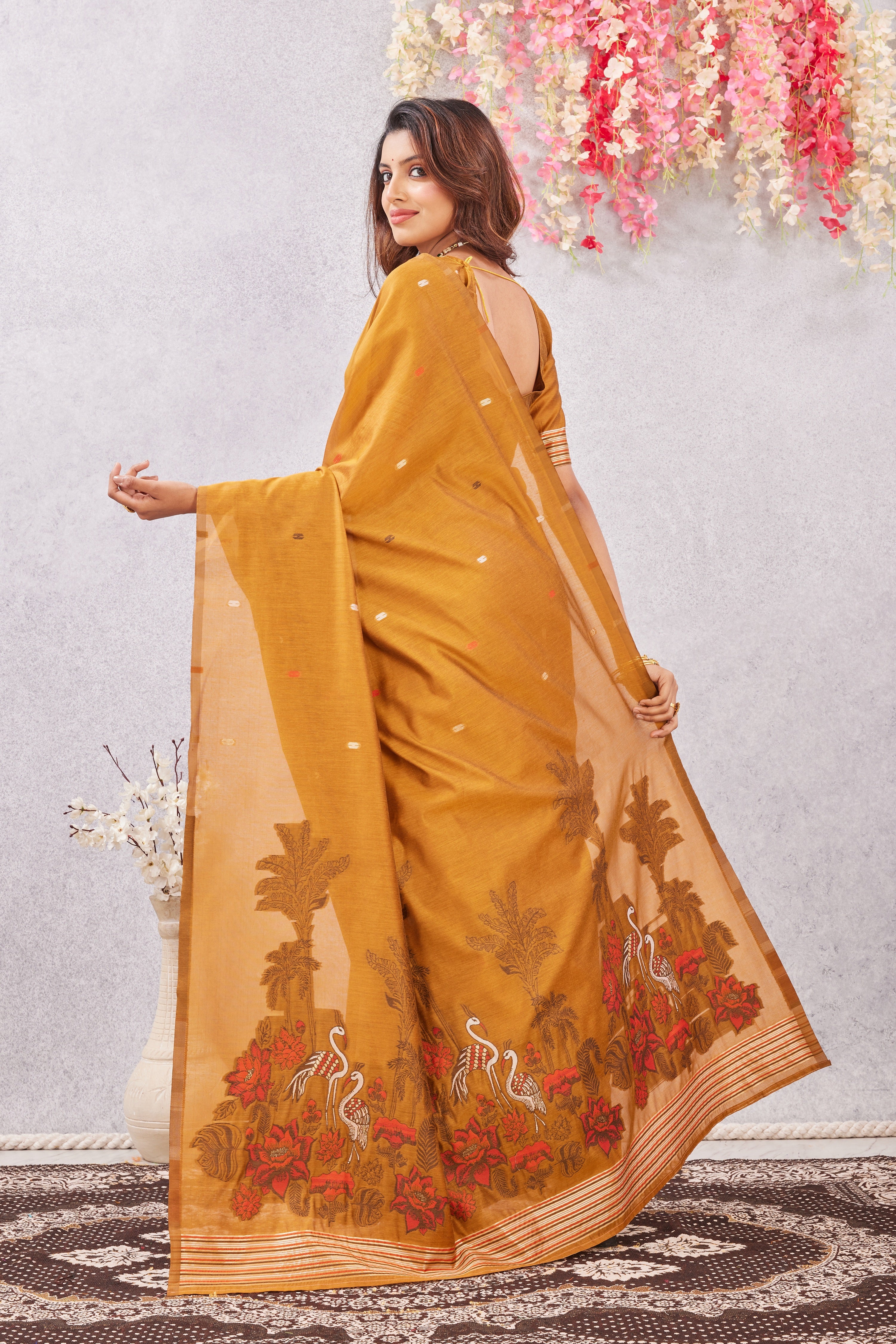 Rust Linen Cotton Saree with Ethnic Motif Design & Rich Jacquard Pallu