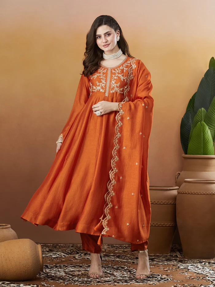 Rust Orange Vichitra Silk Kurta Pant Set With Thread Embroidered With Sequins Work