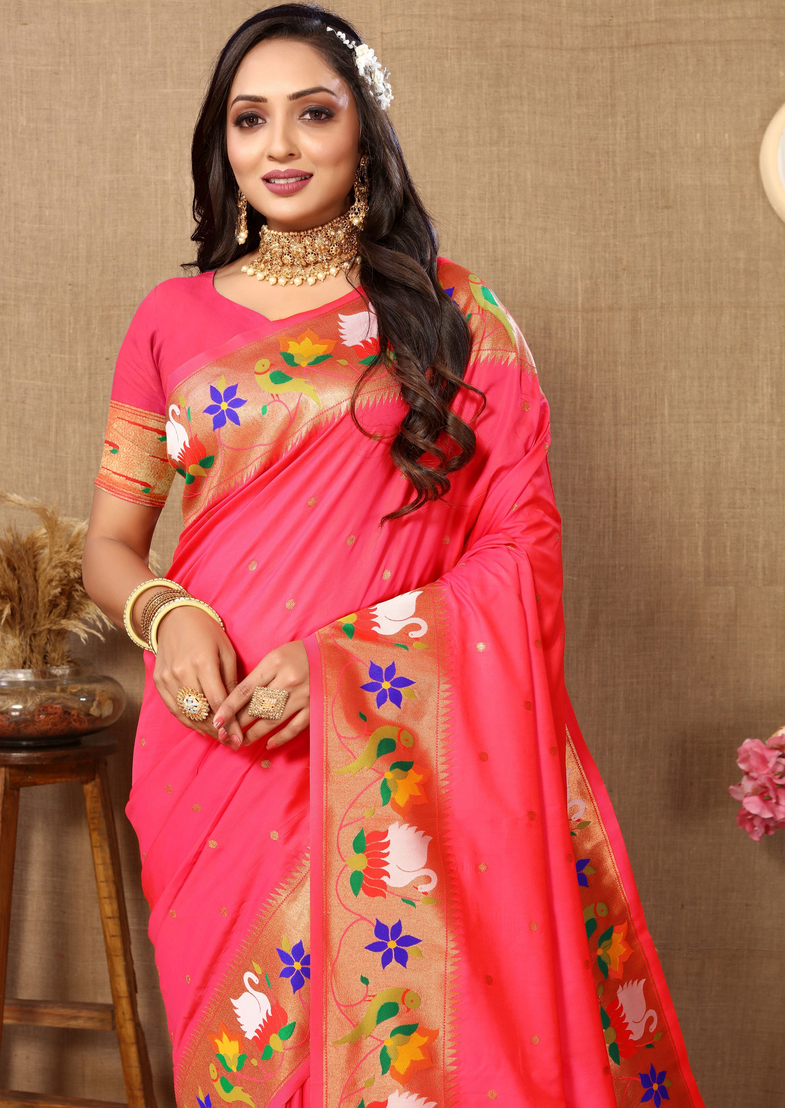 Rust Paithani Silk Woven Meenakari Paithani Designer Ethnic Heavy Looks Saree