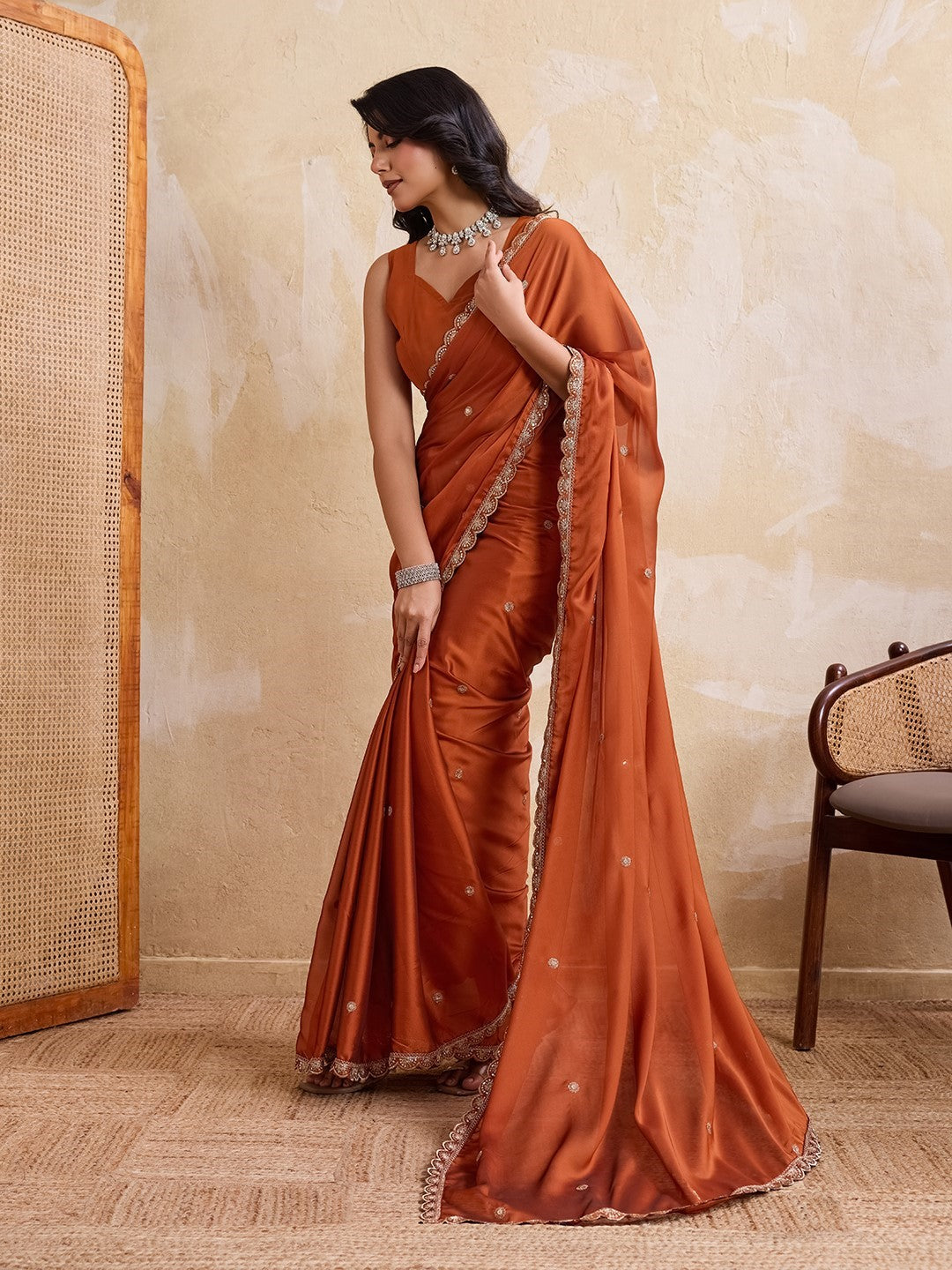 Rust Rangoli Silk Saree With Embroidery Elegant Traditional Saree