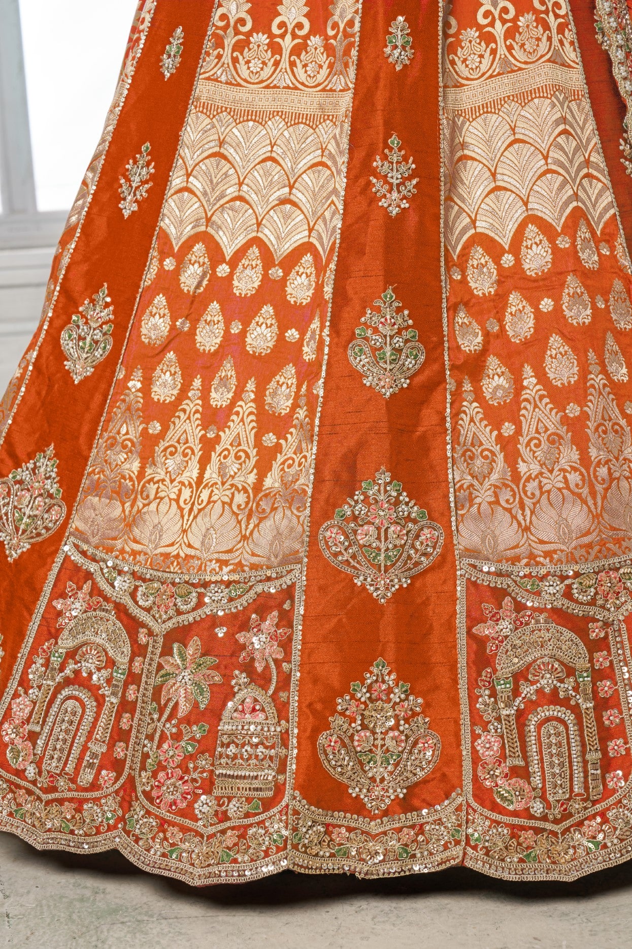 Rust Raw Silk Artisan Embroidered Designer Lehenga Choli
