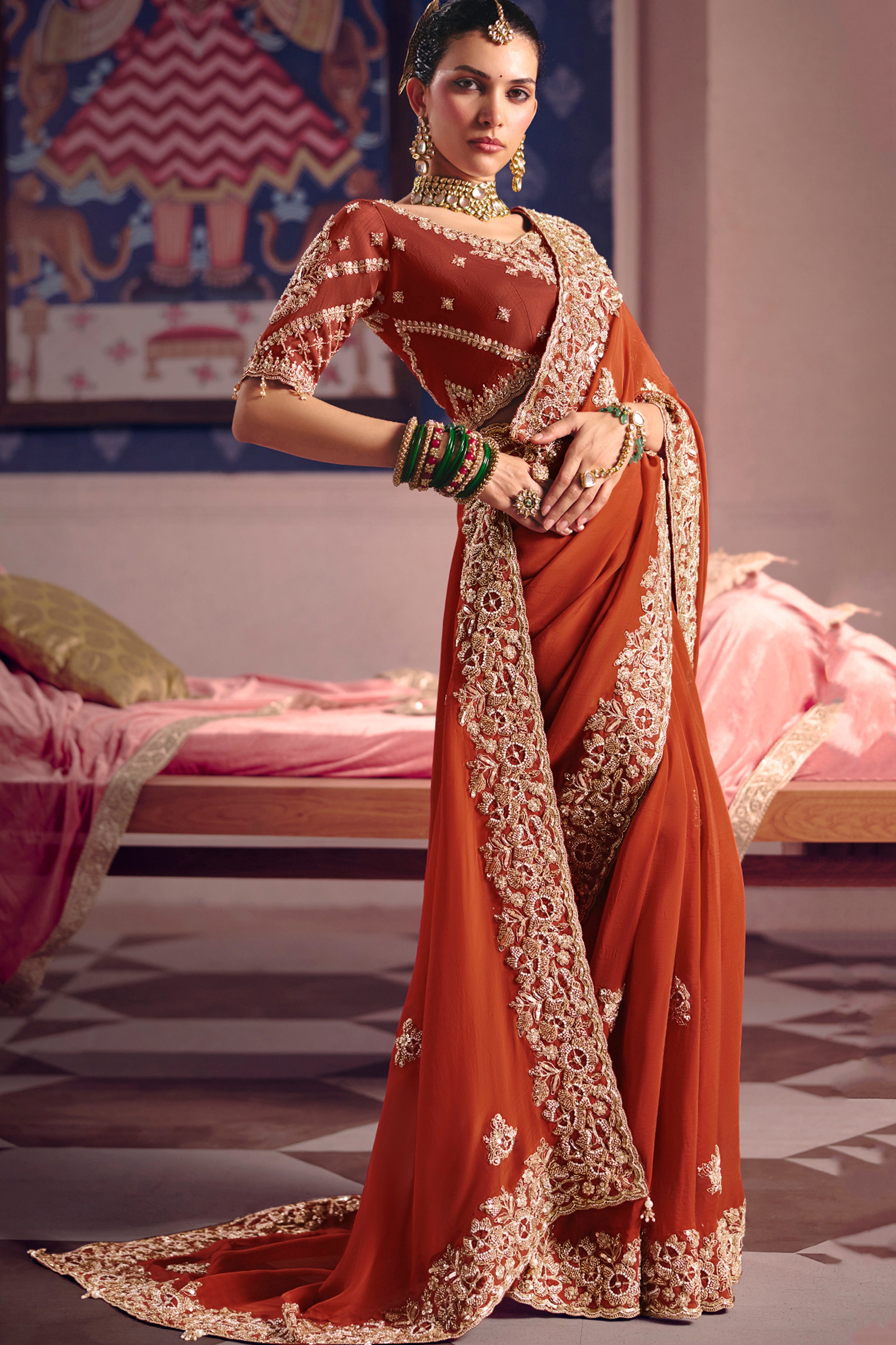 Rust Saree With Heavy Embroidery, Beads With Sequince Work