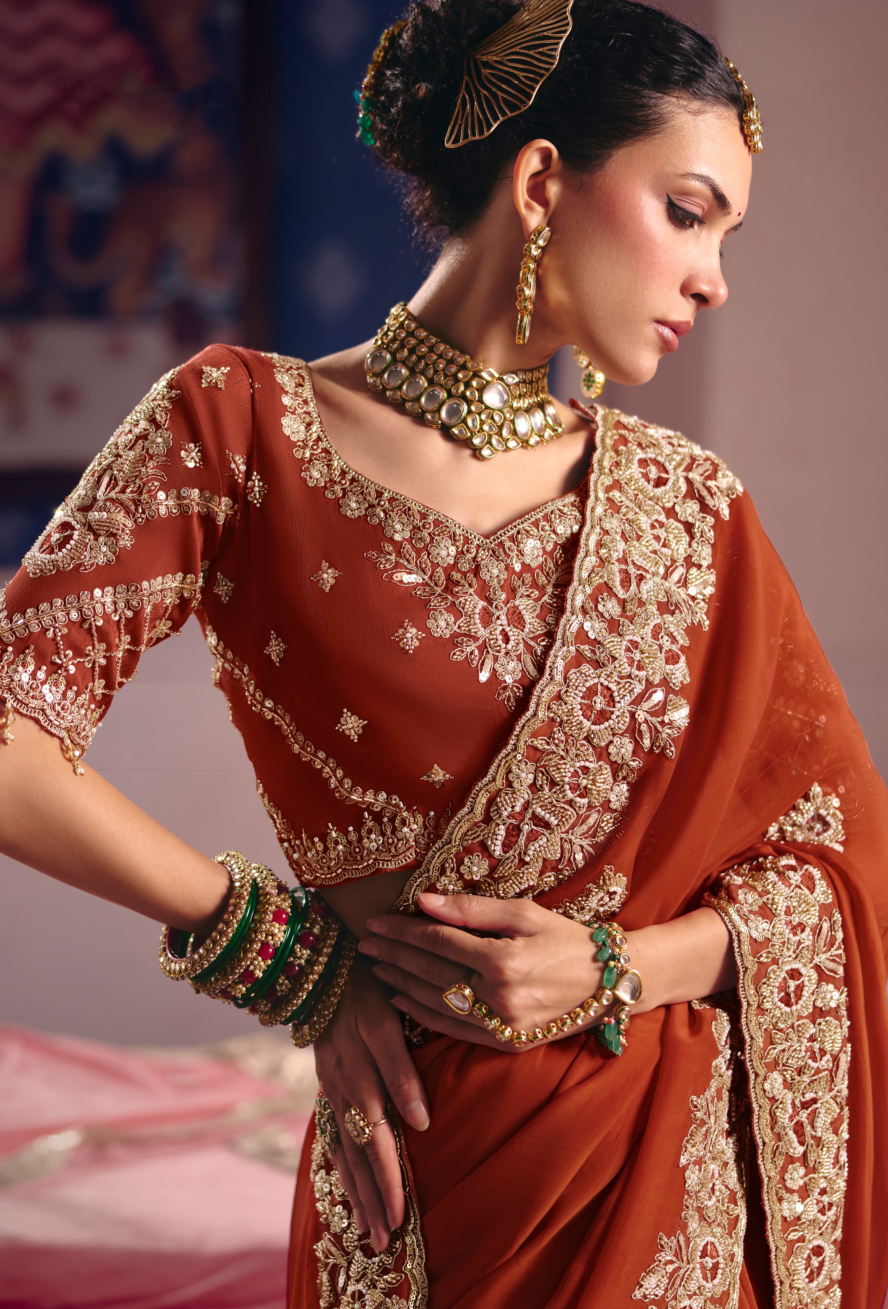 Rust Saree With Heavy Embroidery, Beads With Sequince Work