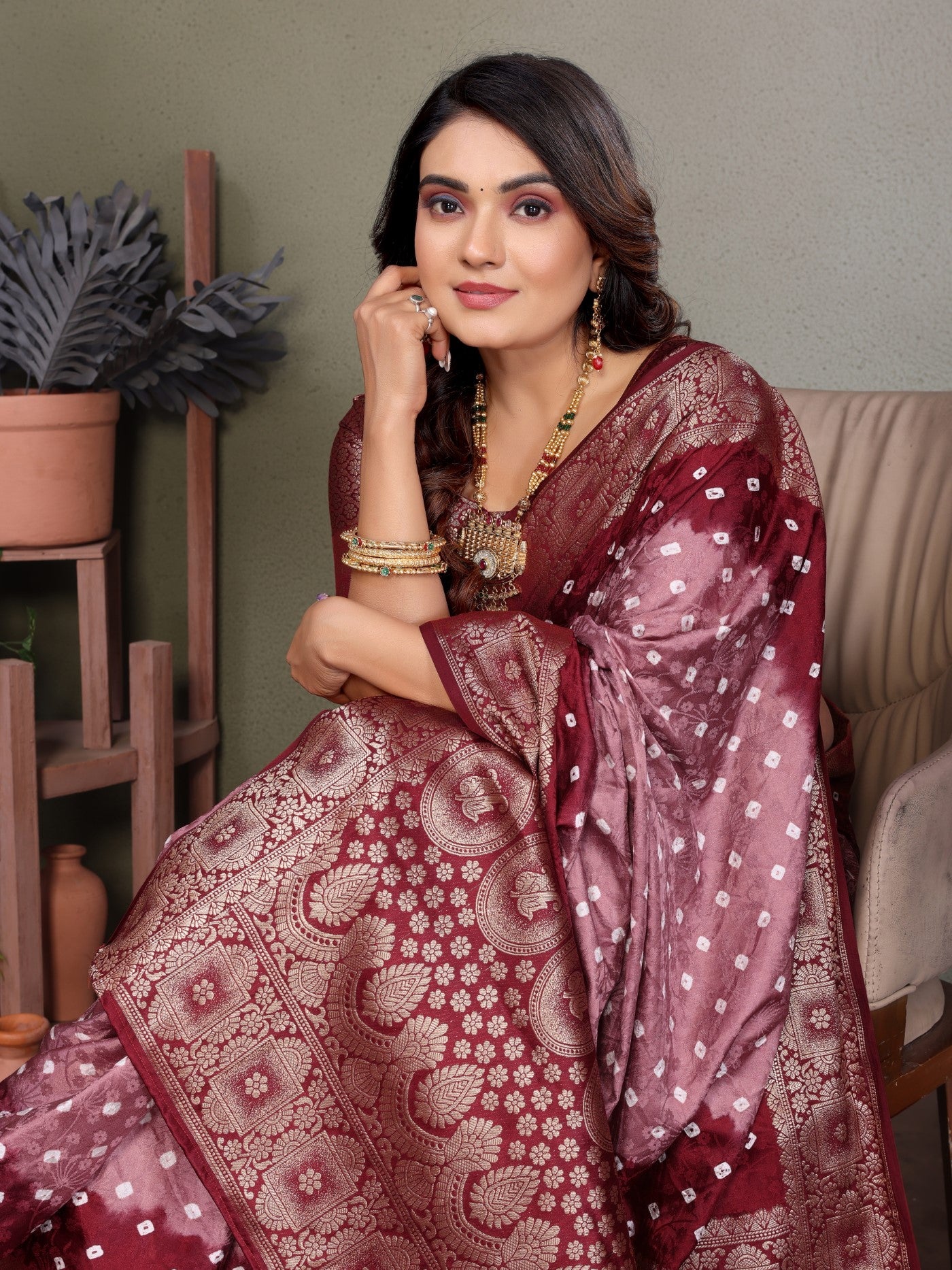 Rust Satin Silk Saree With Traditional Bandhej Zari Weaving