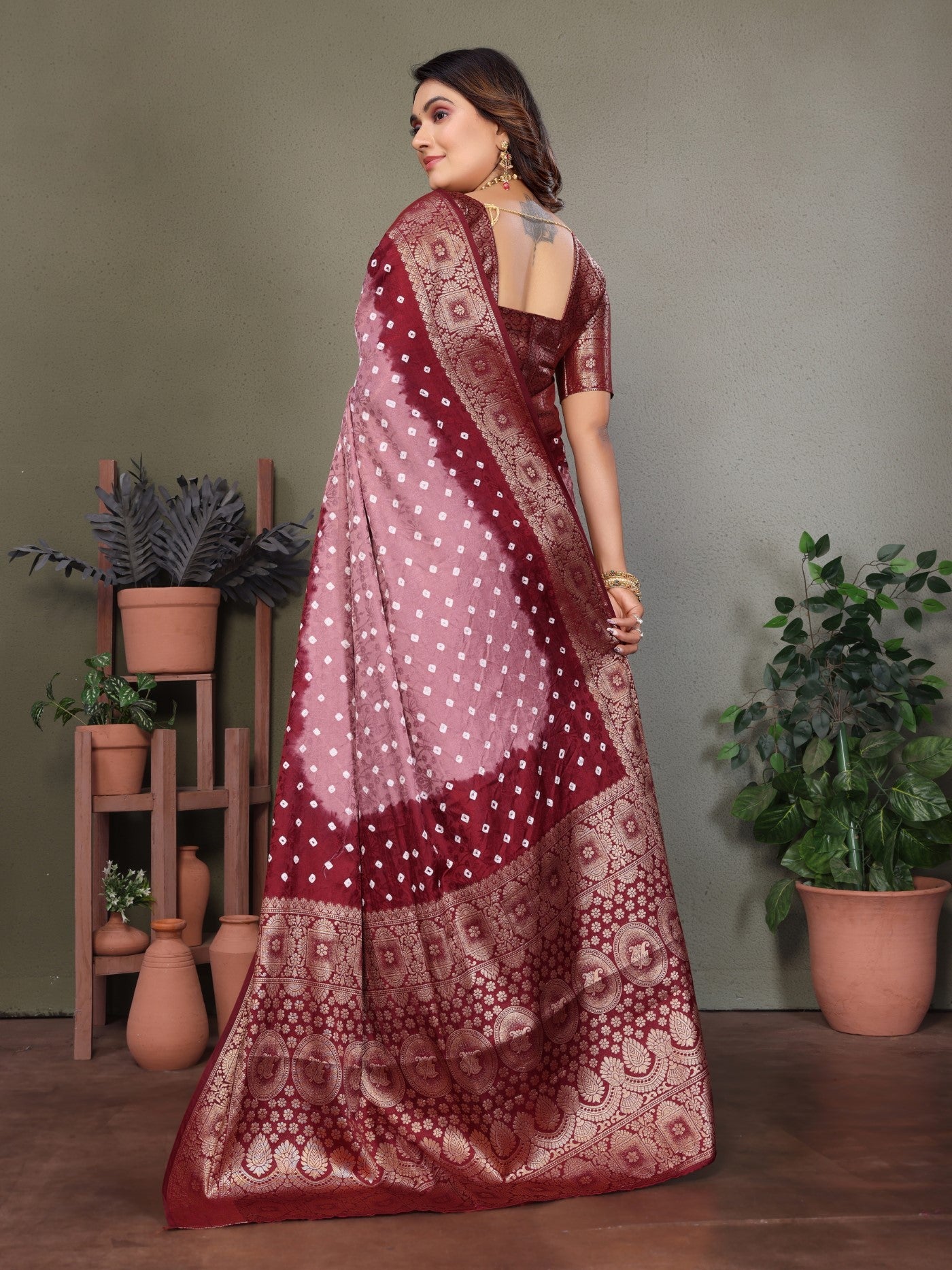 Rust Satin Silk Saree With Traditional Bandhej Zari Weaving