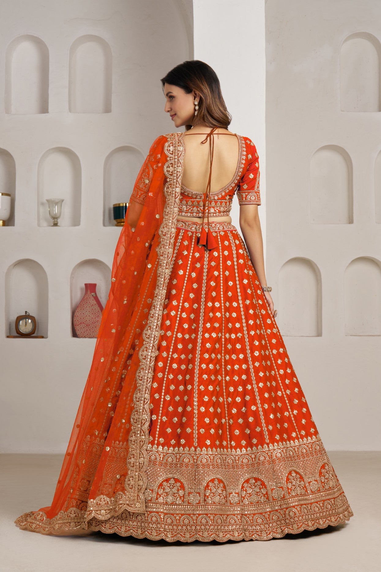 Rust Silk Double Dupatta Designer Bridal Lehenga Collection