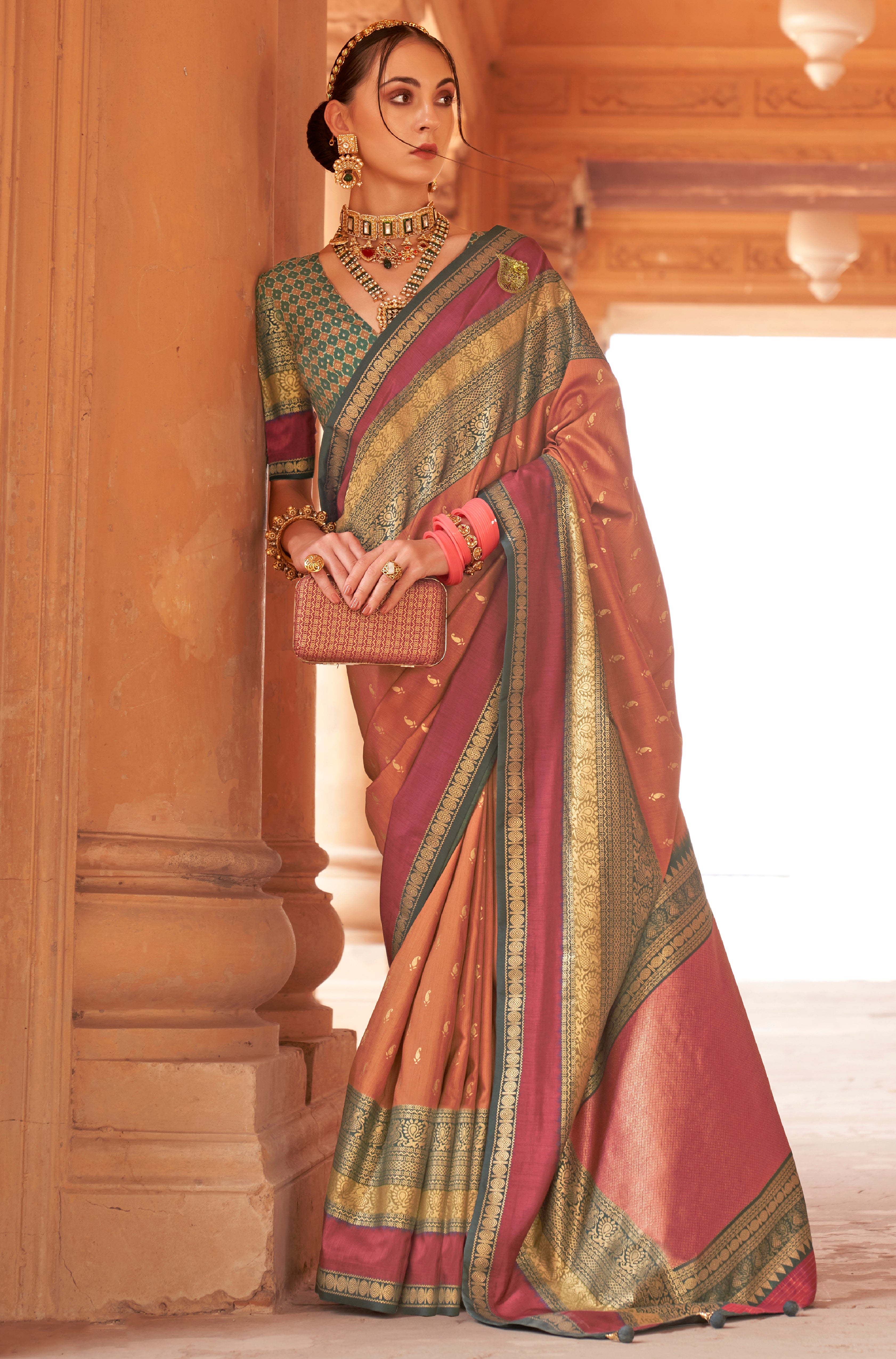 Rust Silk Saree with Jacquard Woven Work