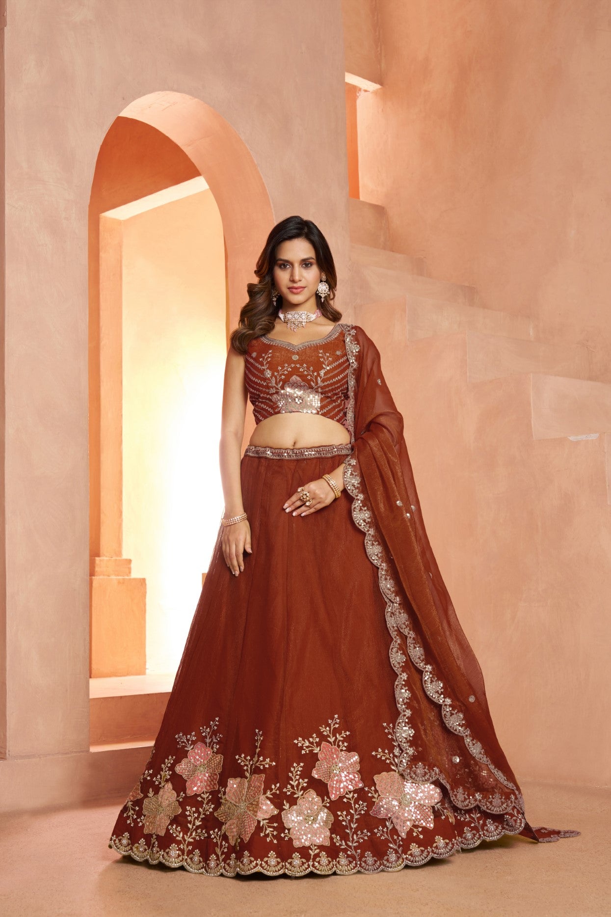 Rust Tissue Luxury Bridal Lehenga Choli with Beads & Sequin Embroidery