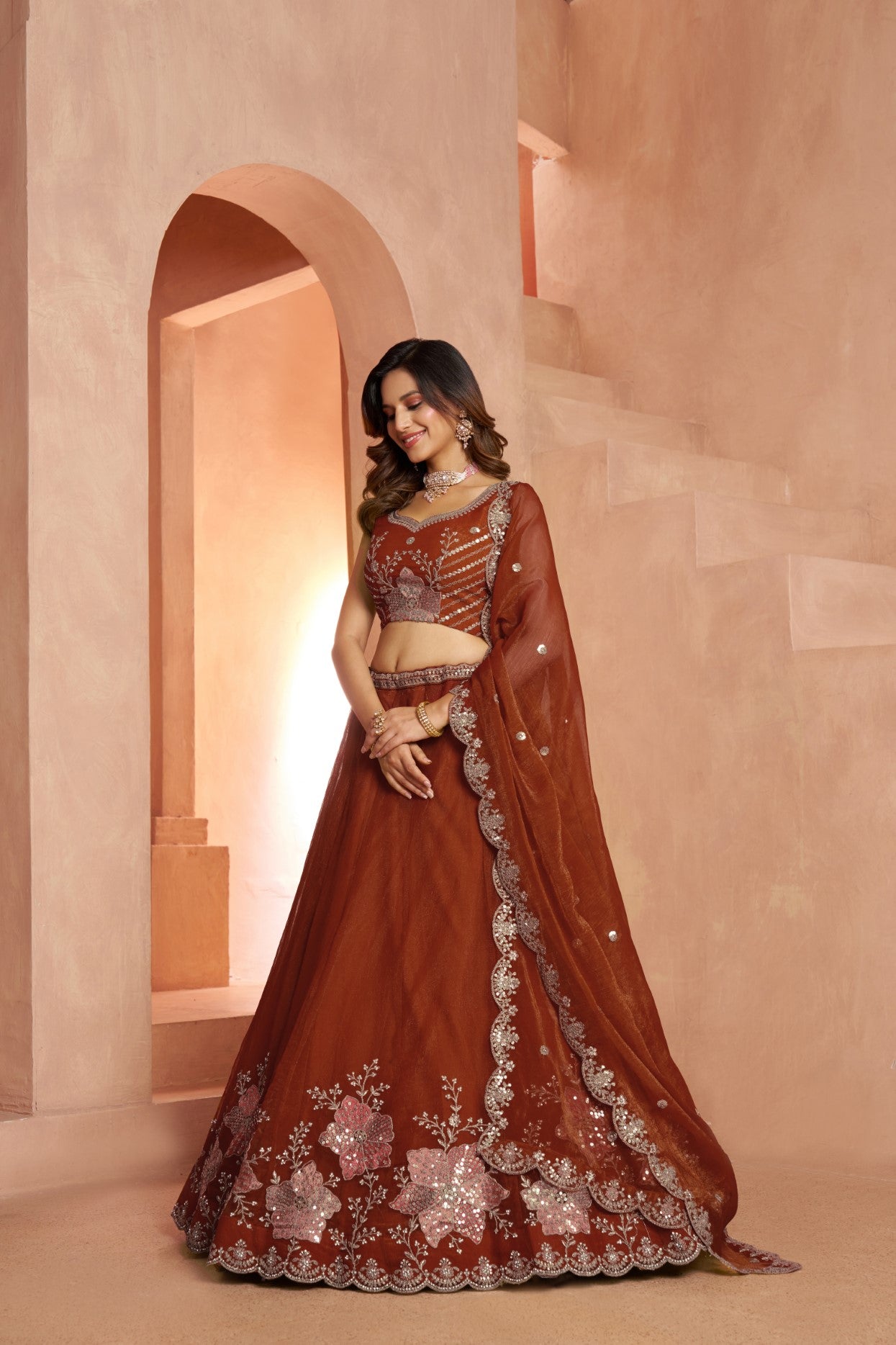 Rust Tissue Luxury Bridal Lehenga Choli with Beads & Sequin Embroidery