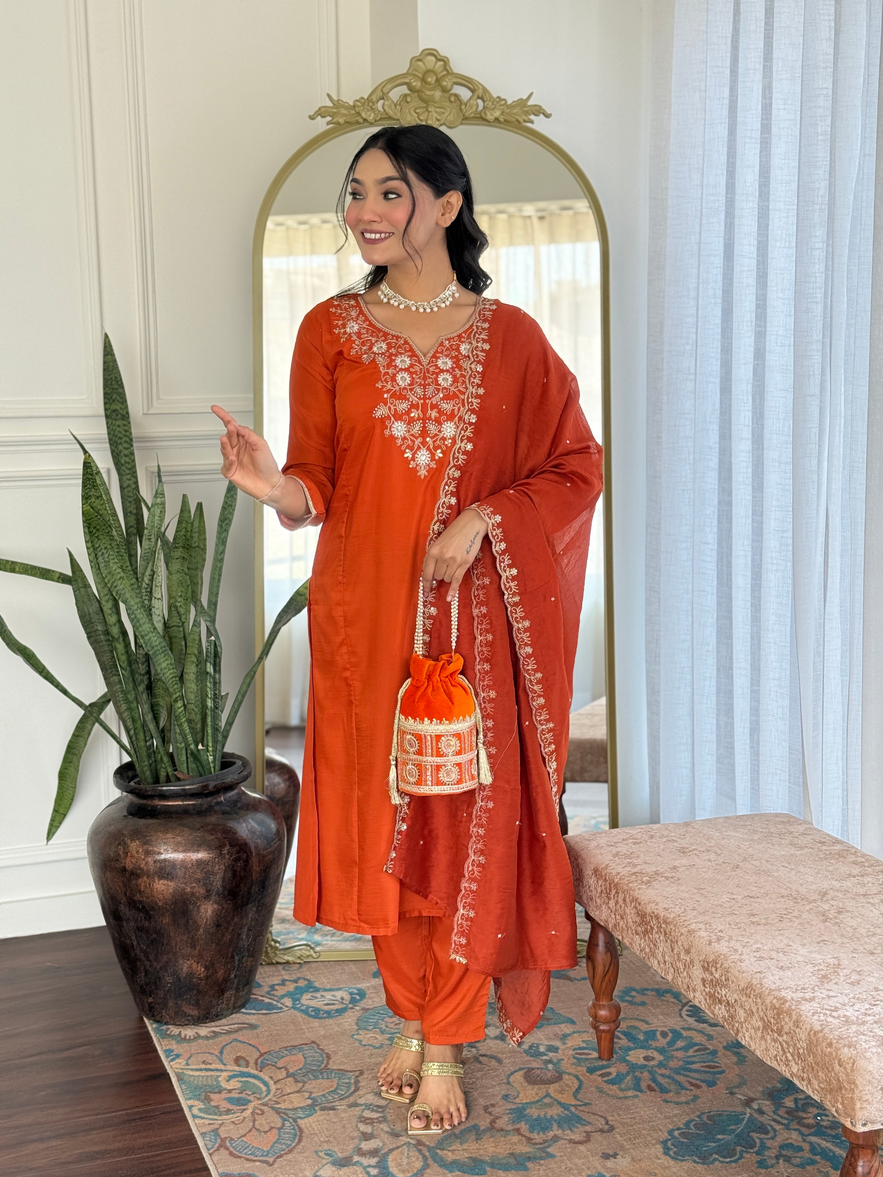 Rust Viscose Chanderi Kurta Pant Set With Heavy Thread Embroidered Work