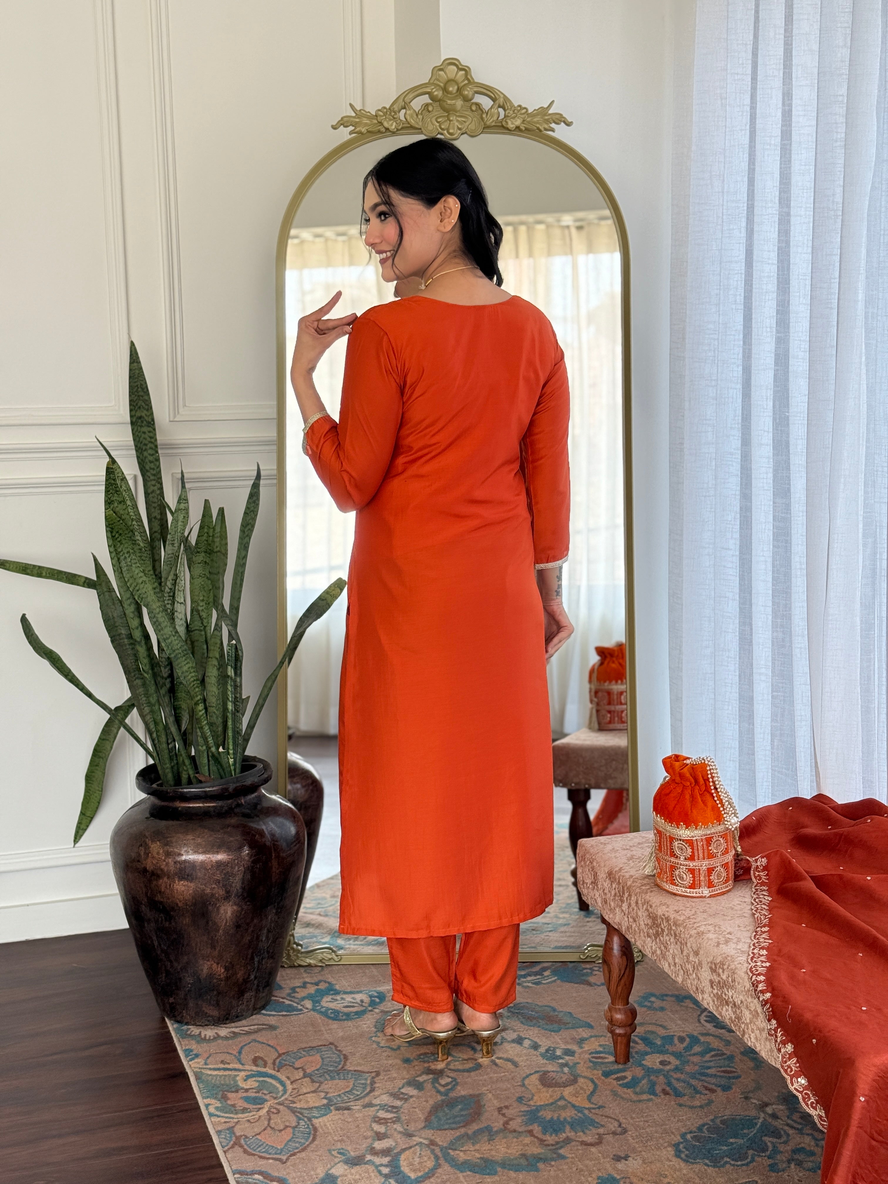 Rust Viscose Chanderi Kurta Pant Set With Heavy Thread Embroidered Work