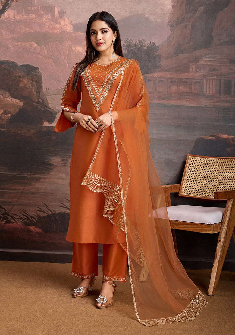 Rust Viscose Rayon Kurta Pant Set With Heavy Thread Embroidery Work