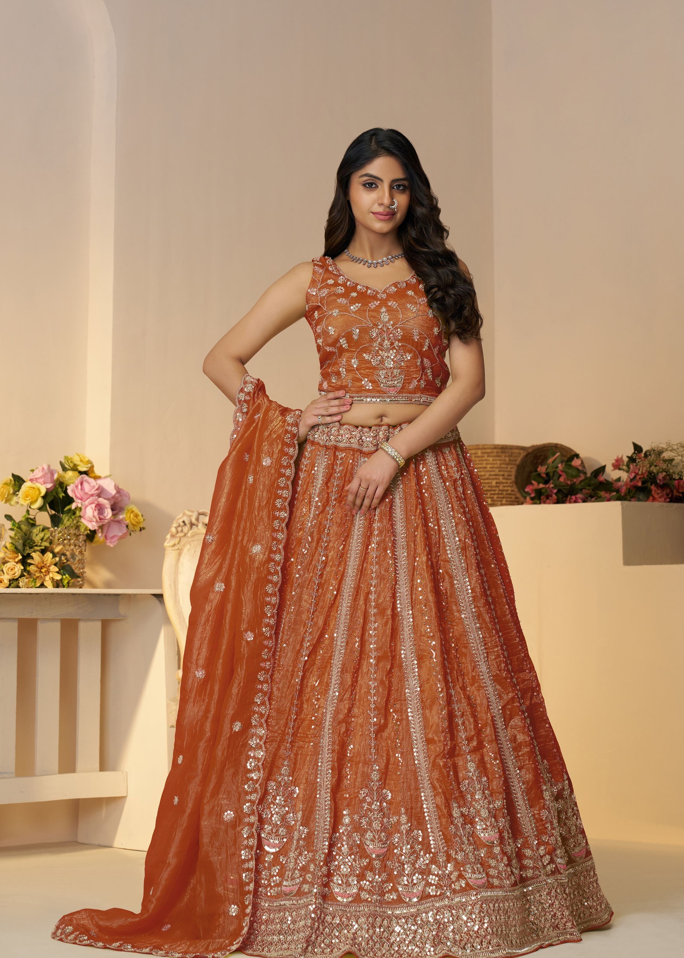 Rustic Orange Trending Color Bridal Lehenga For Festivals