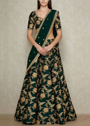 Sabyasachi Green Embroidered Silk Wedding Wear Lehenga Choli