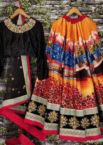 Sabyasachi Multi-Color Digital Printed Silk Wedding Lehenga Choli