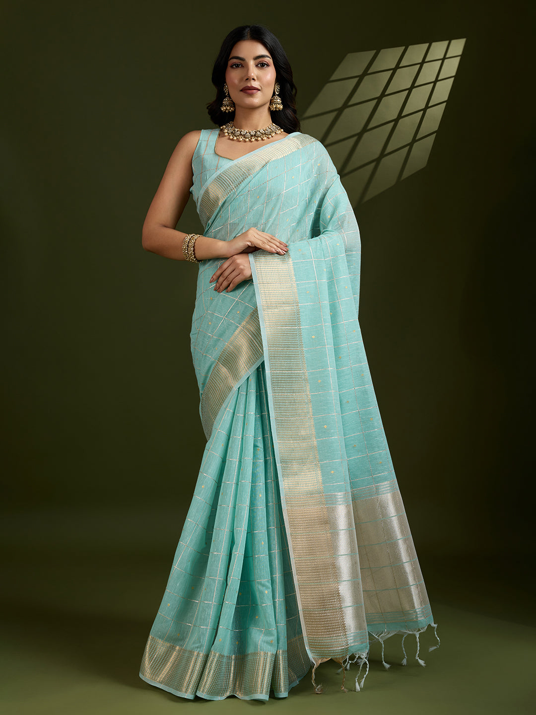 Sea-Green Soft Silk Saree with Checks and Zari Pallu