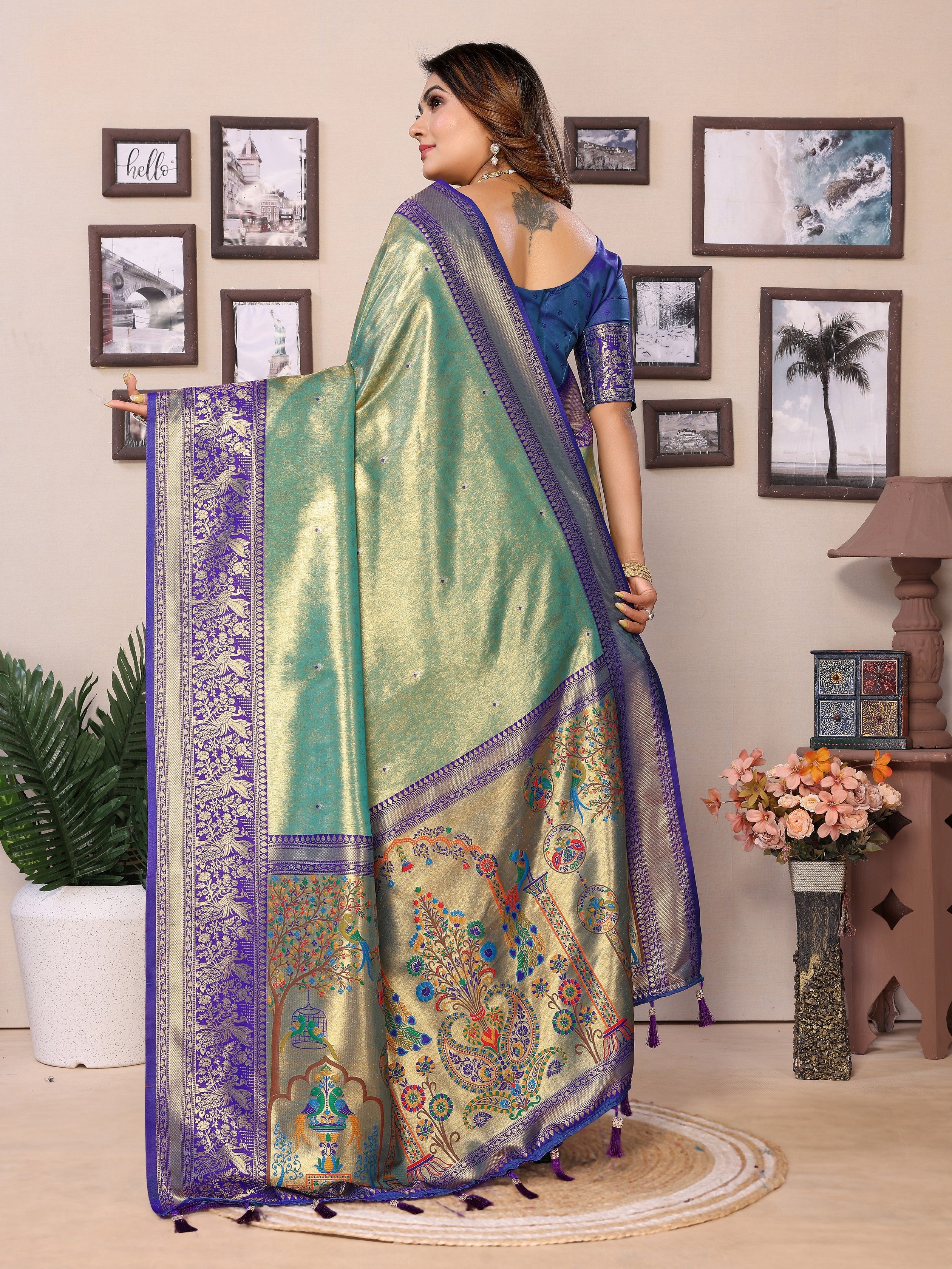 Sea Green Banarasi Tissue Silk Heavy Woven Jari Designer Ceremonial Saree