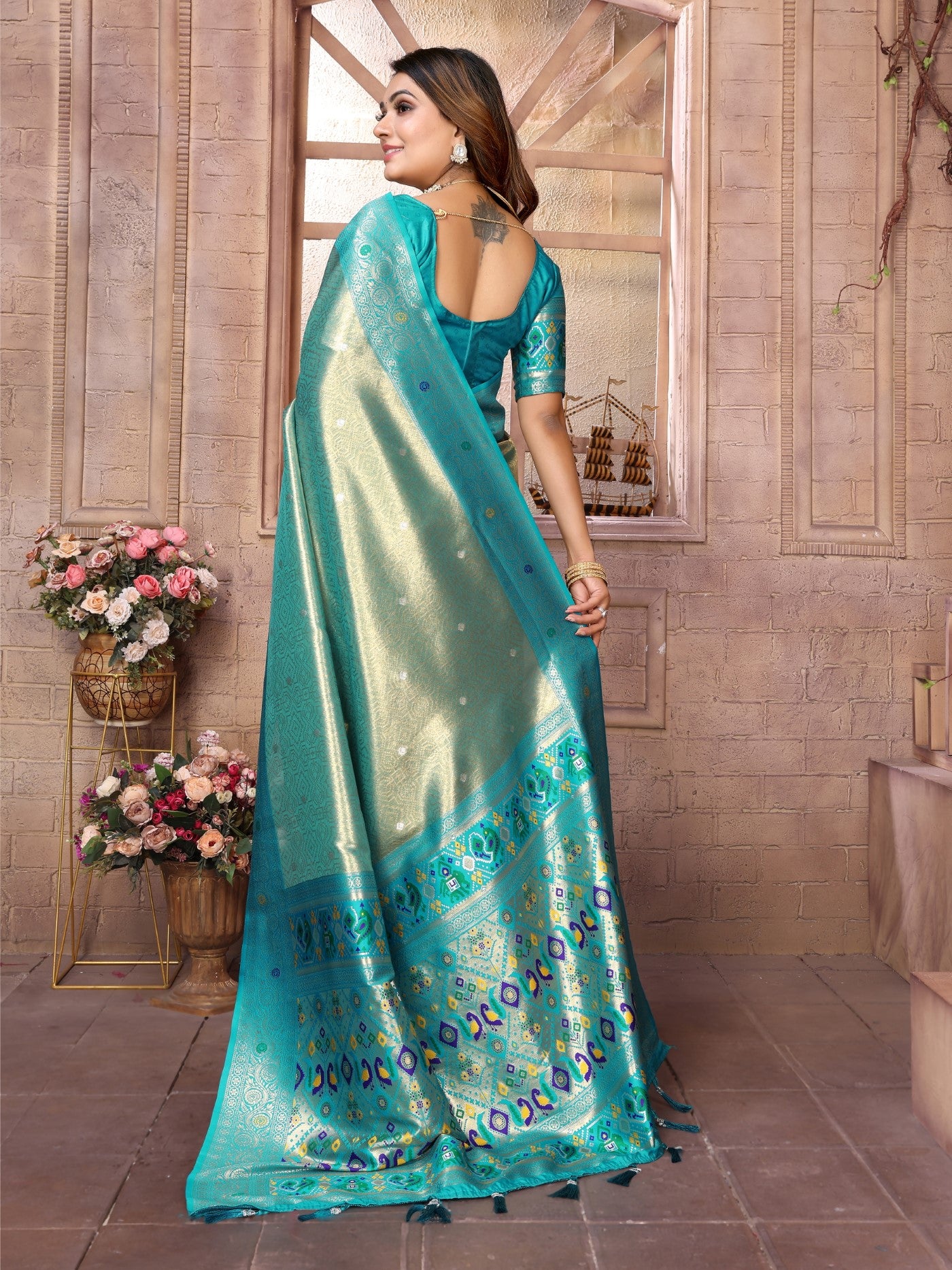 Sea Green Banarasi Tissue Silk Saree With Traditional Weaving