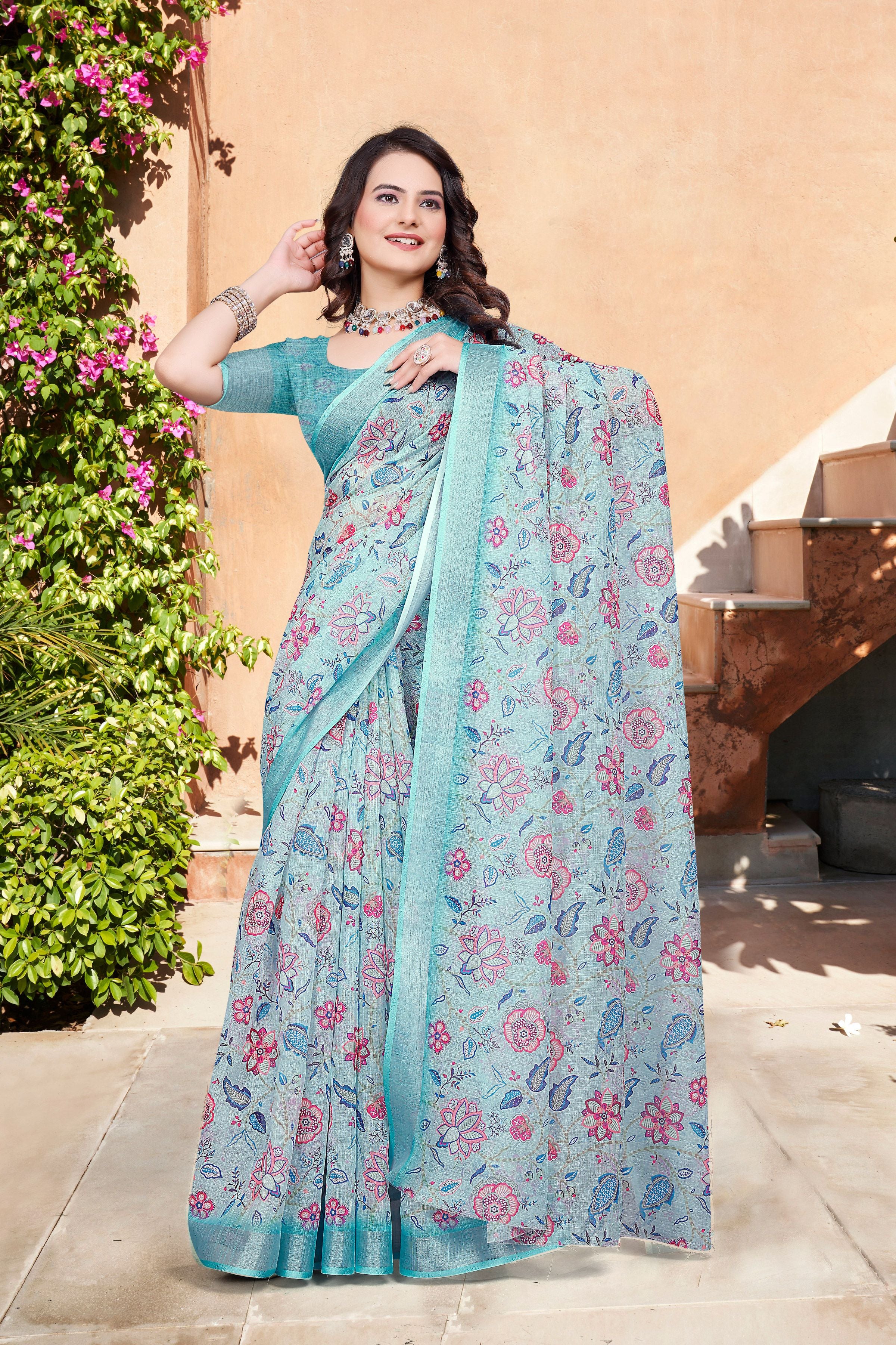 Sea Green Beautiful Designer Printed Saree With Woven Border