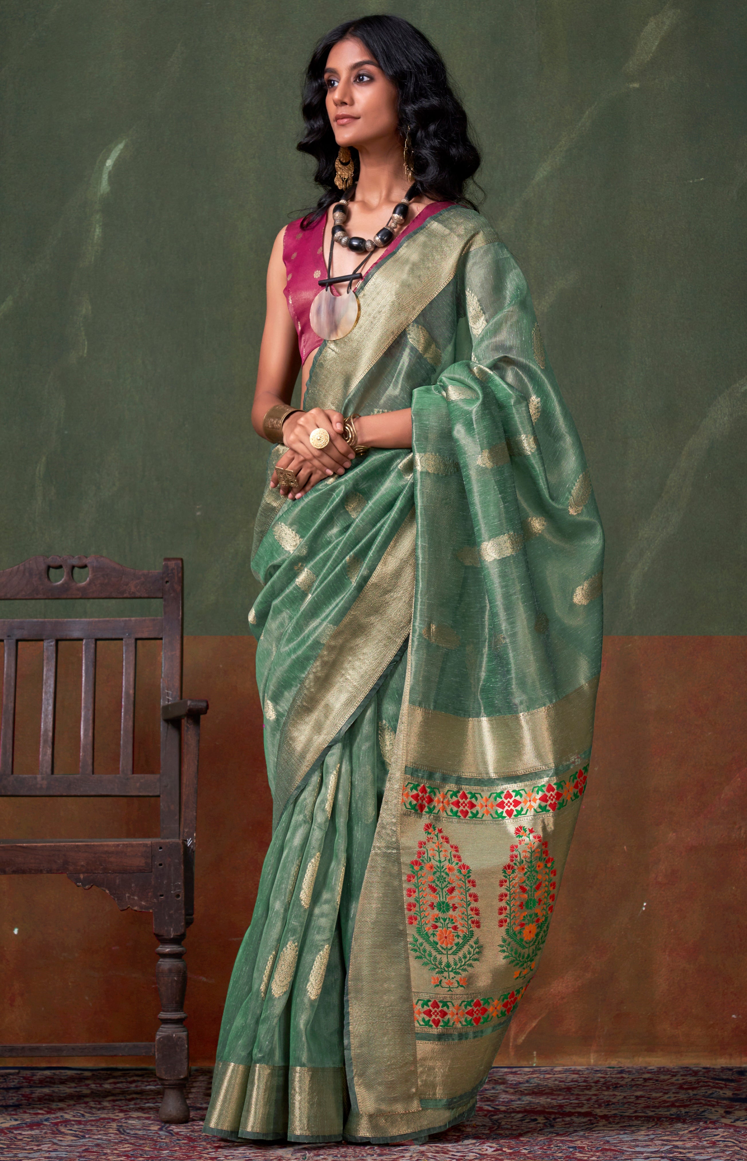 Sea Green Color Tissue Silk Saree With Jacquard Woven Work