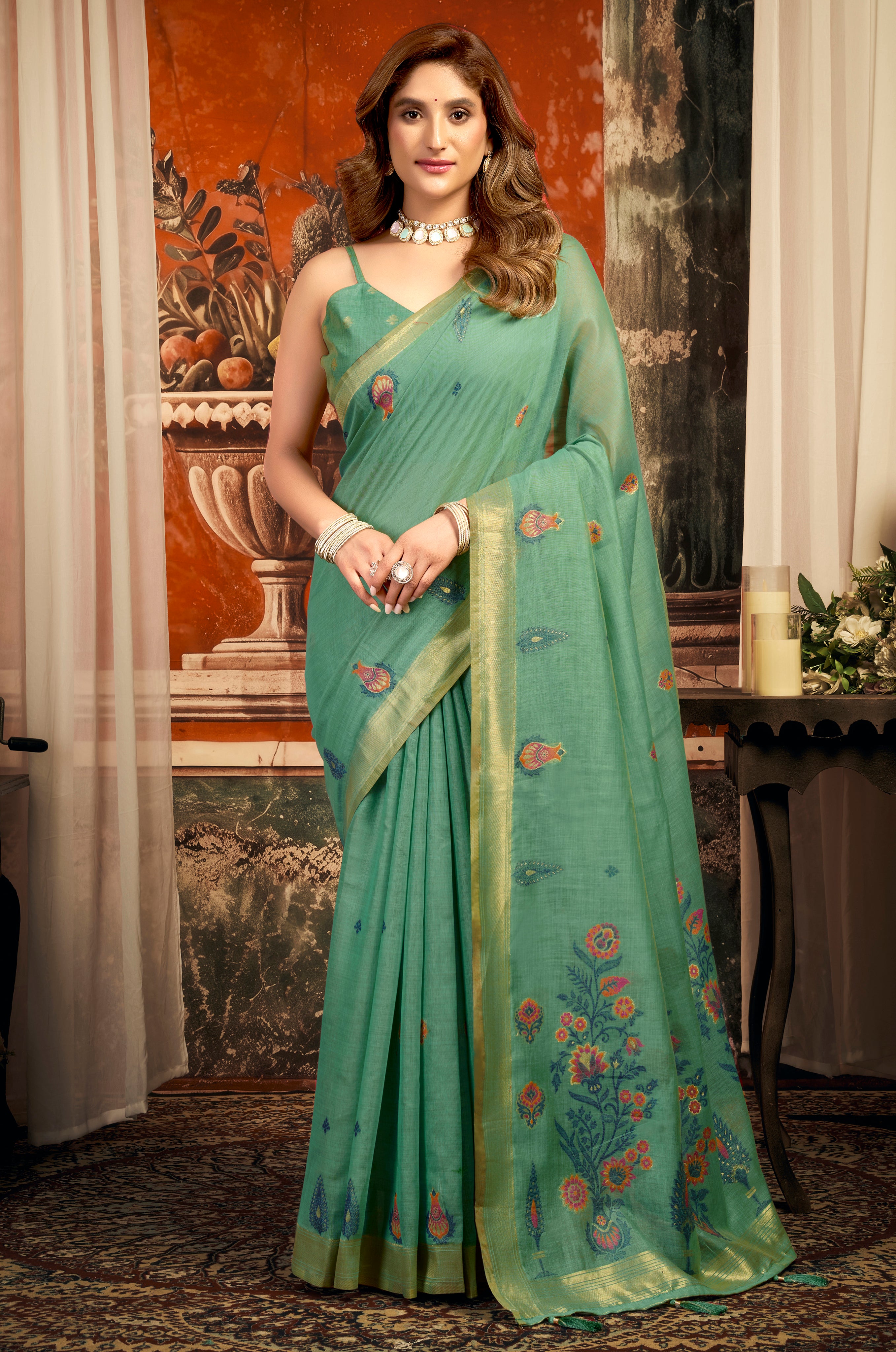 Sea Green Cotton Saree with Premium Zari Border Tassel Design