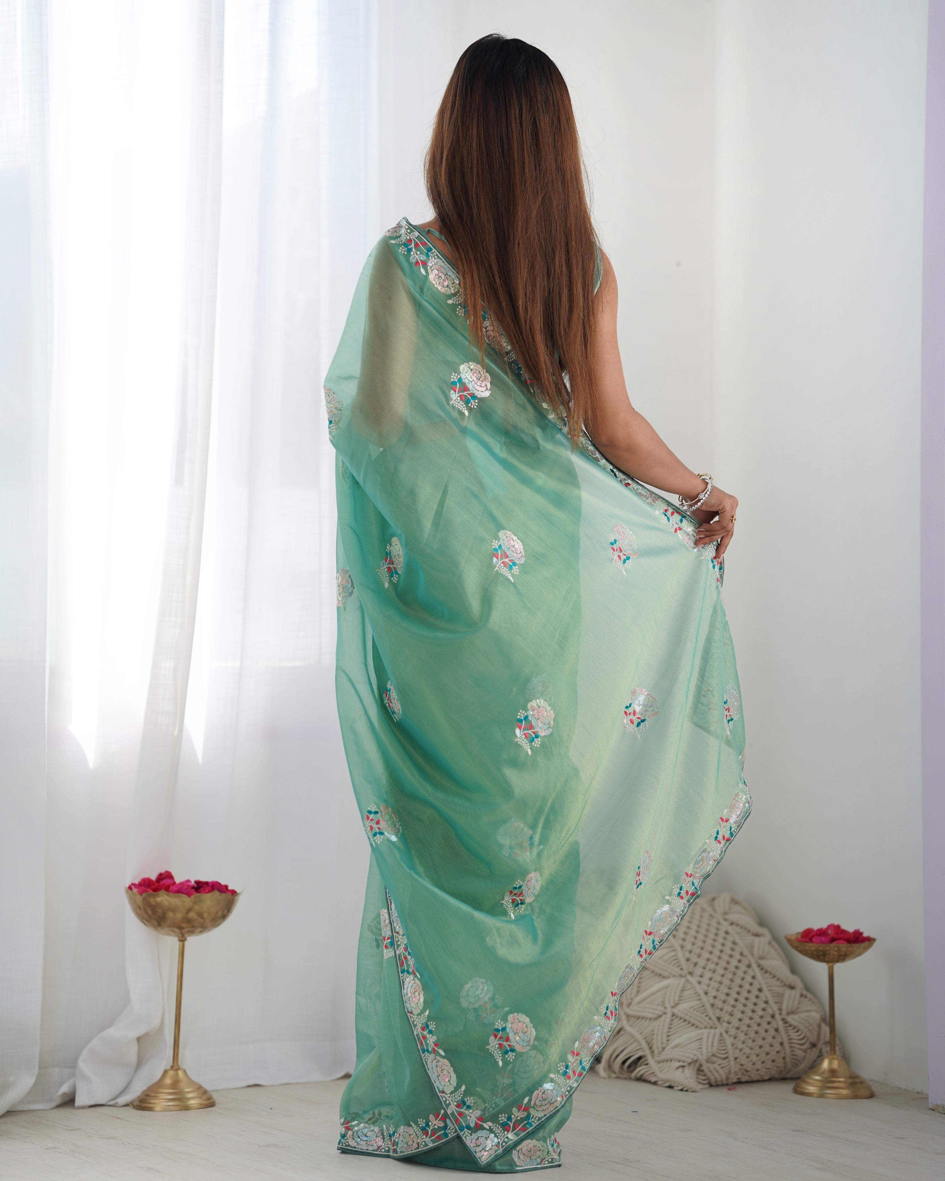 Sea Green Gold Twill Net Fancy Partywear Embroidered Saree
