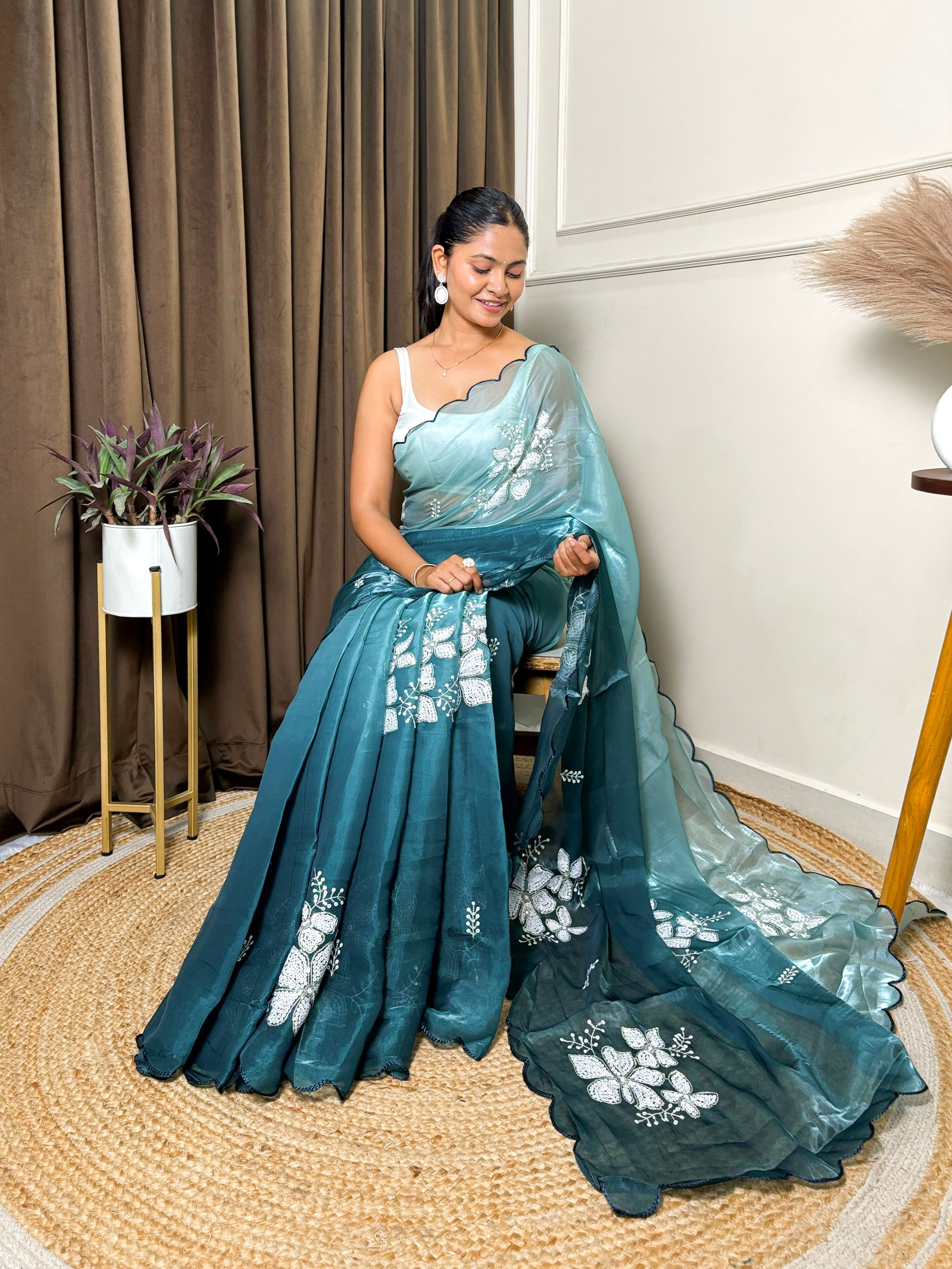 Sea Green Jimmy Choo Beautiful Sequins Embroidery Work Bollywood Saree