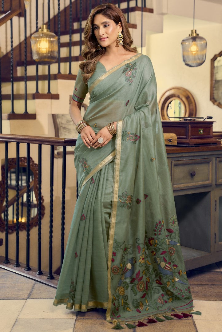 Sea Green Kolkata Cotton Saree with Fancy Tassel Border Design