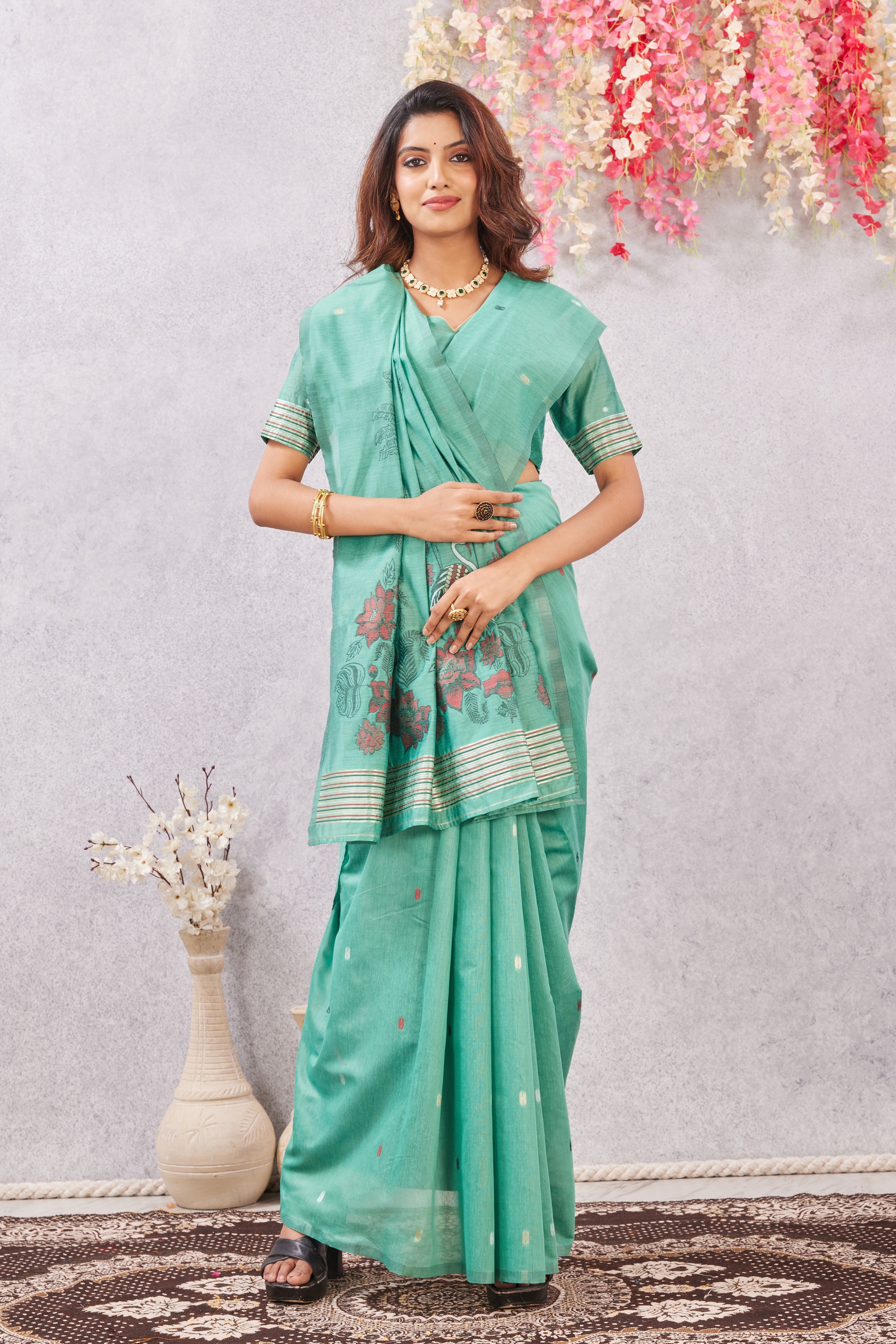 Sea Green Linen Cotton Saree with Ethnic Motif Design & Rich Jacquard Pallu