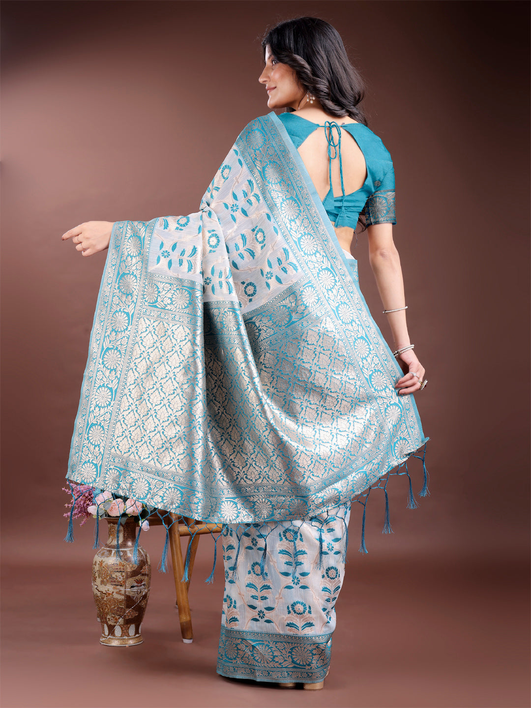 Sea Green Linen Cotton Woven Jacquard Designer Beautiful Festive Saree