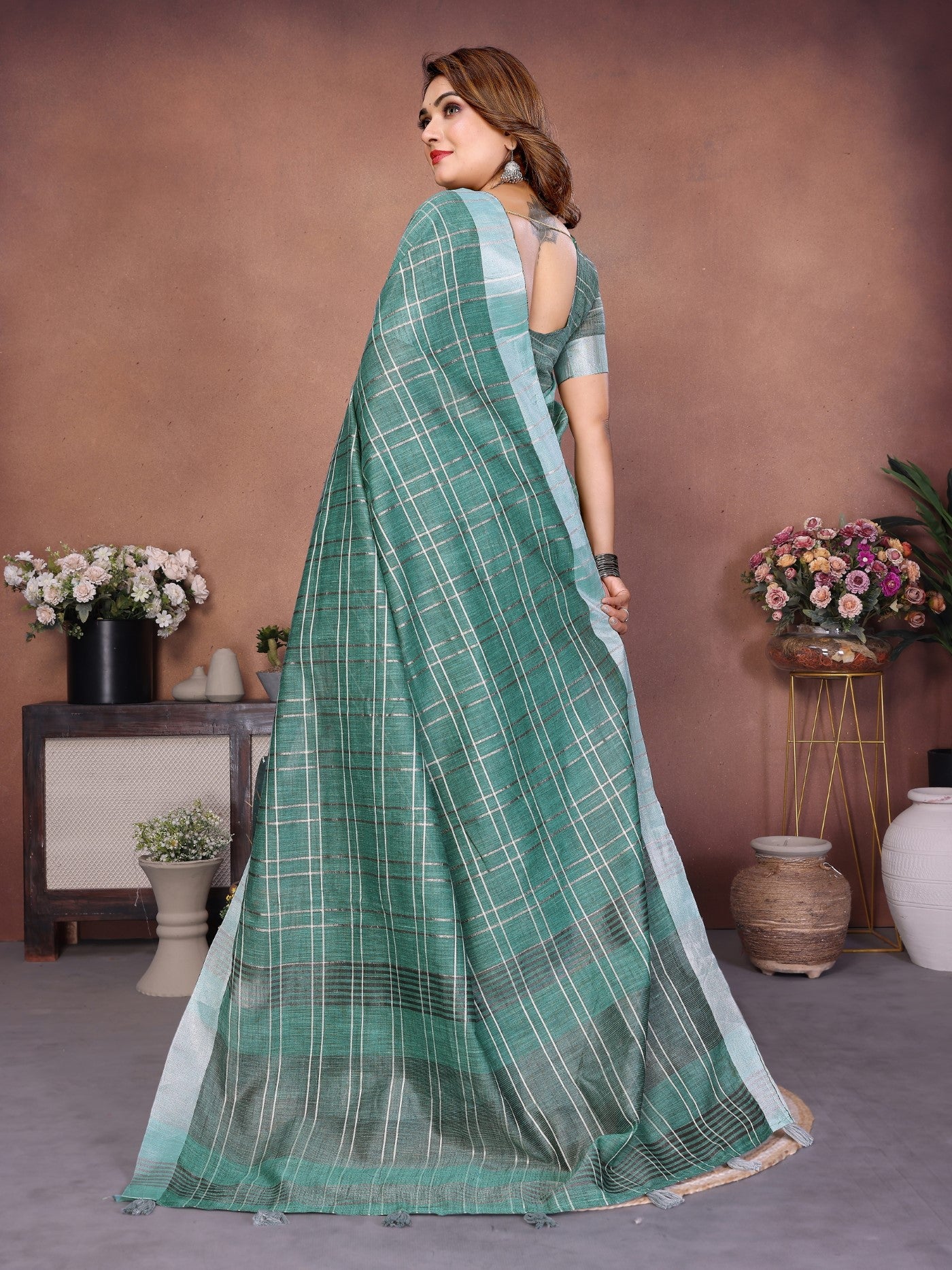 Sea Green Linen Saree With Traditional Weaving
