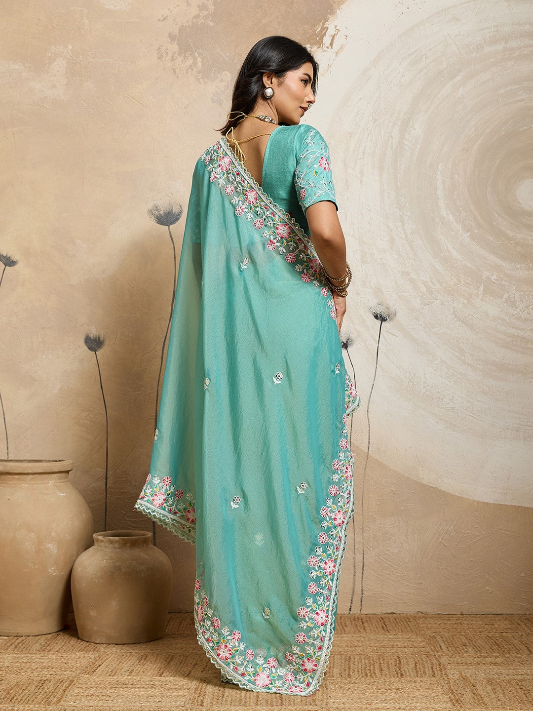 Sea Green Moss Chiffon Saree With Embroidery Elegant Designer Saree