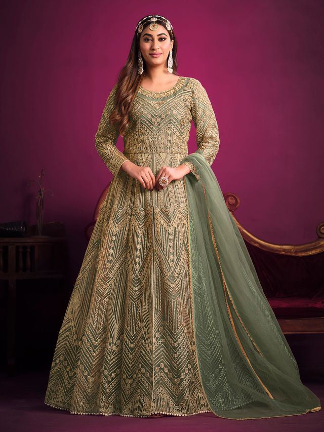 Sea Green Net Heavy Thread Embroidery, Zari With Sequins Work Anarkali Suits