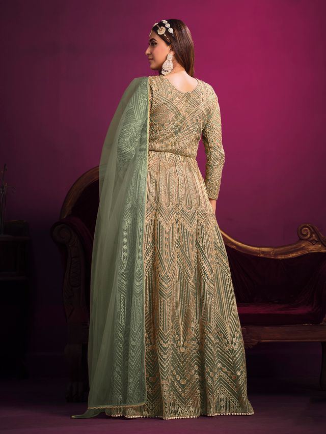 Sea Green Net Heavy Thread Embroidery, Zari With Sequins Work Anarkali Suits