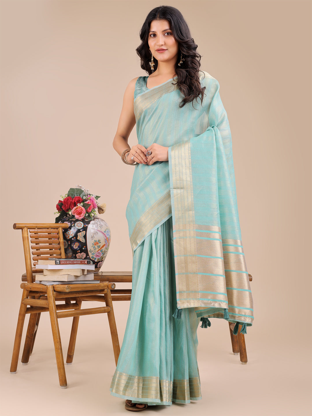 Sea Green Organza Woven Designer Traditonal Wear Saree