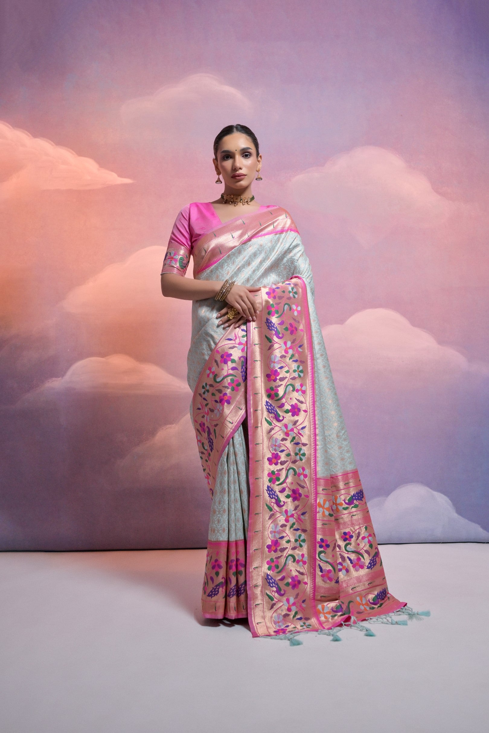 Sea Green Paithani Silk Saree with Meenakari Border and Zari Weaves