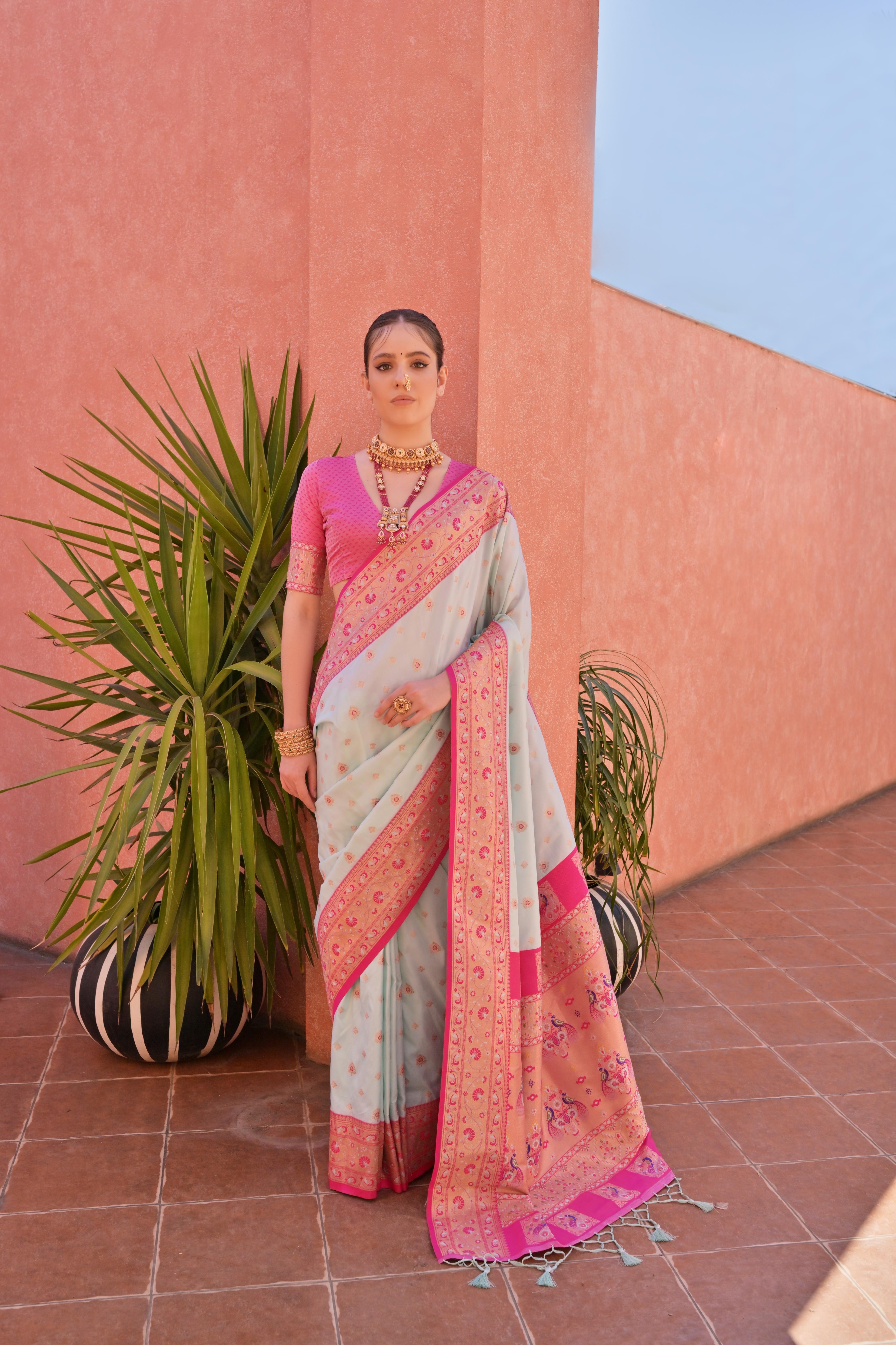 Sea Green Paithani Silk Saree with Paithani Pallu and Zari Butti